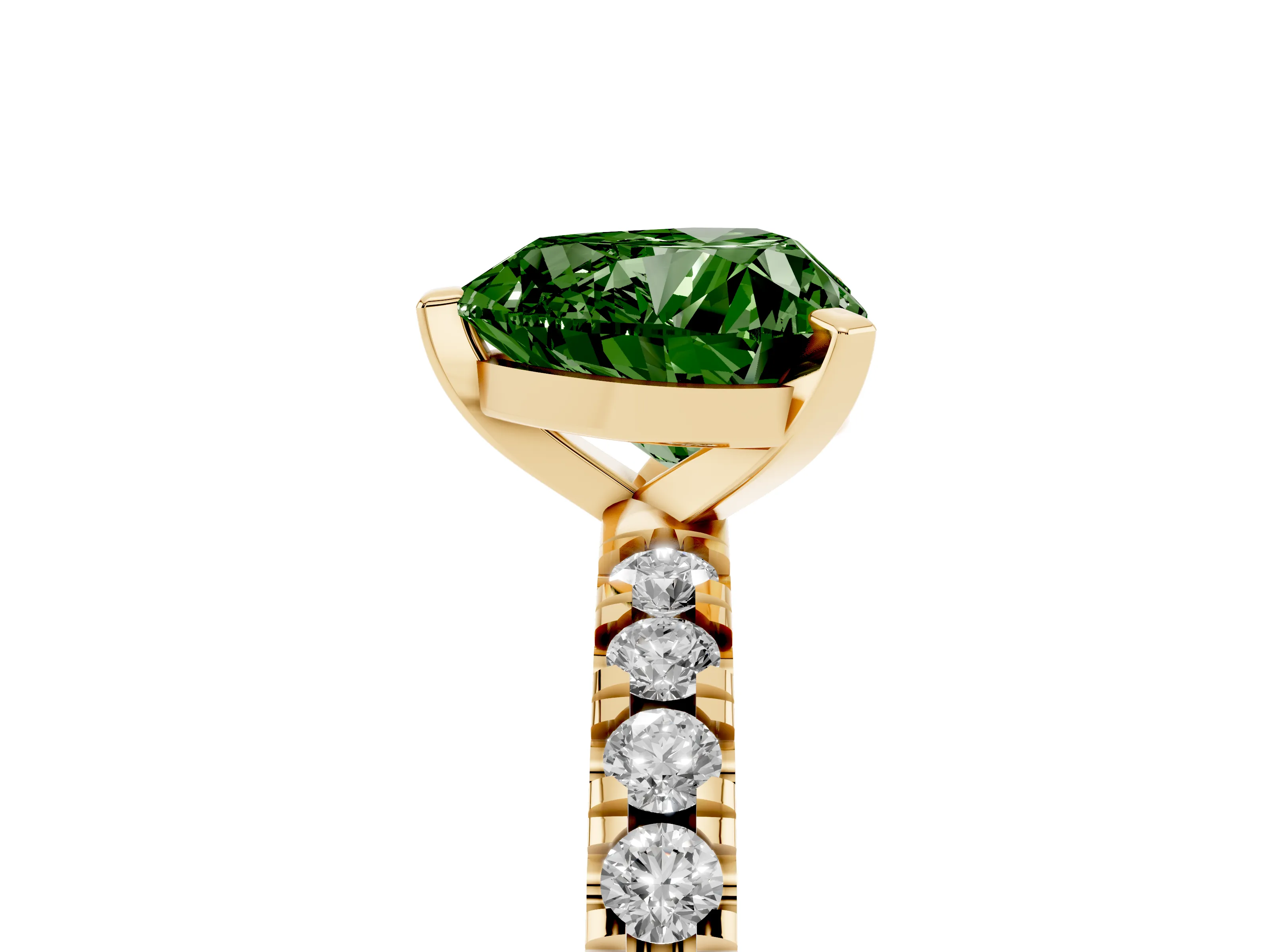Fancy Green Heart Cut Diamond Pavé Band Solitaire Set in Yellow gold with Prong Setting
