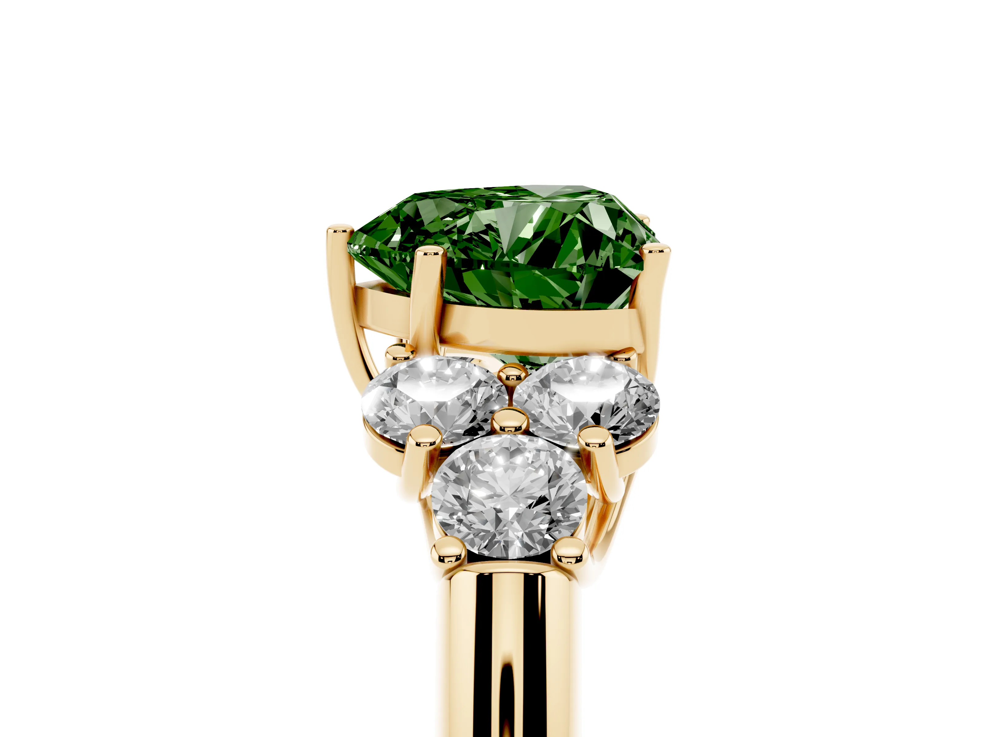 Fancy Green Heart Cut Diamond Cluster Ring Set in Yellow gold with Round Accent Stones and Prong Setting on a Plain Band