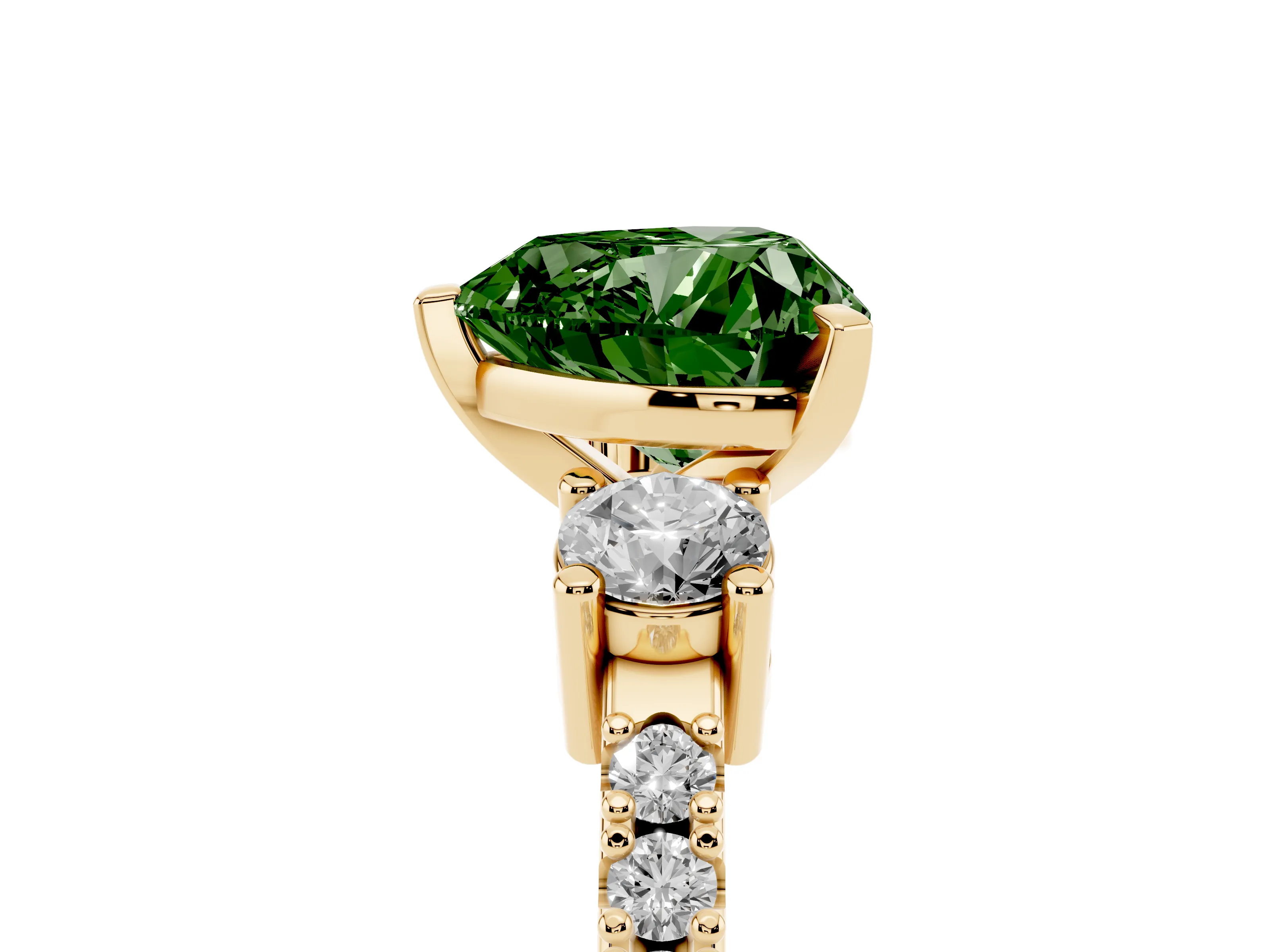 Fancy Green Three-Stone Heart Cut Diamond Pavé Band Ring Set in Yellow gold with Prong Setting
