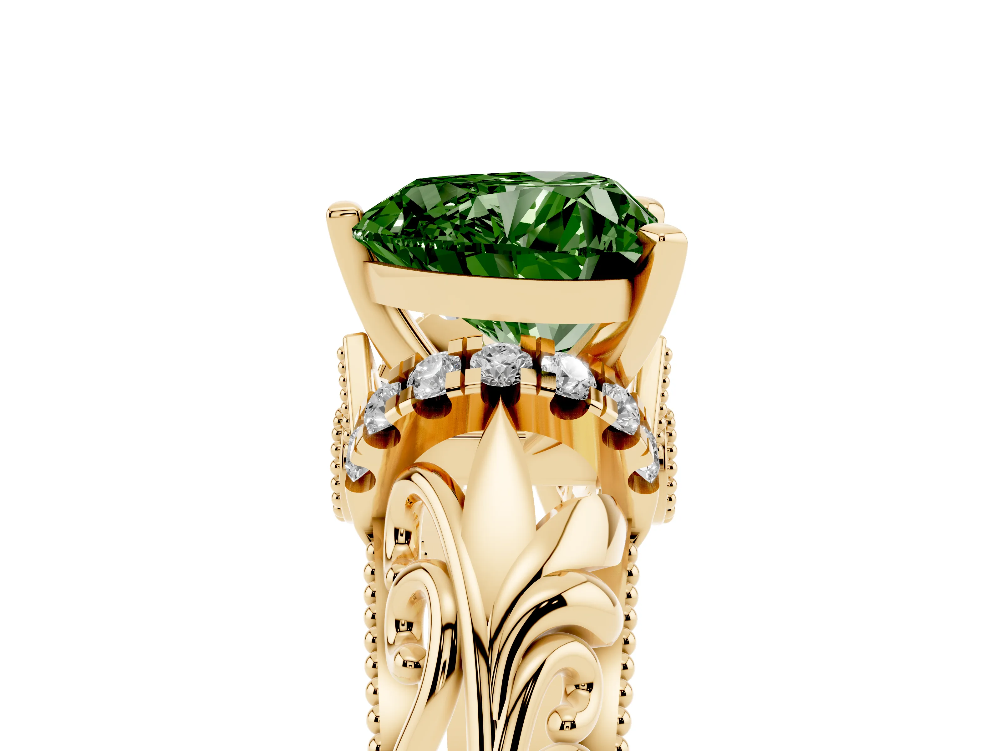 Fancy Green Heart Cut Diamond Filigree Halo Engagement Ring Set in Yellow gold with Prong Setting