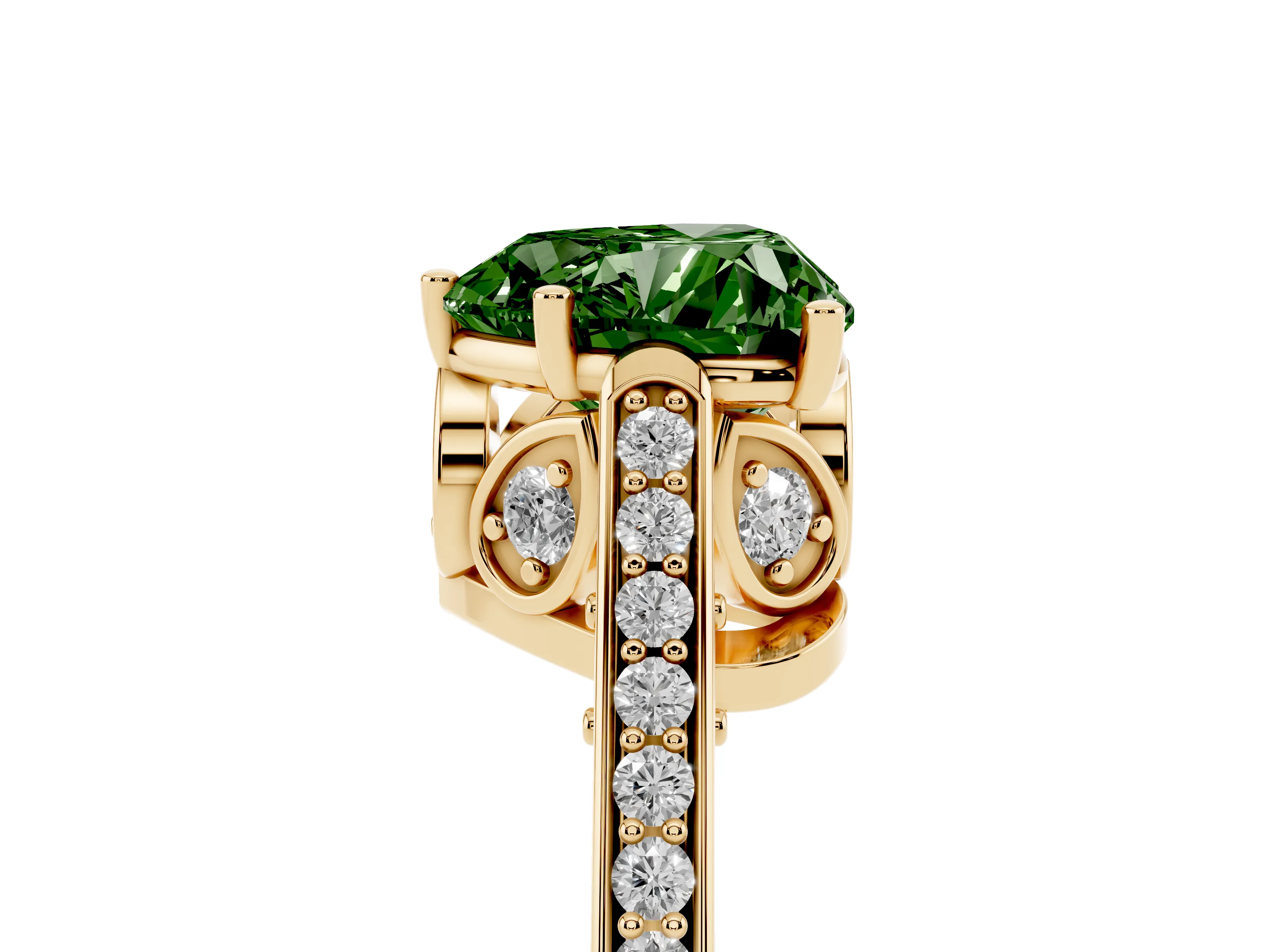 Fancy Green Heart Cut Diamond Cathedral Pavé Engagement Ring Set in Yellow gold with Prong Setting