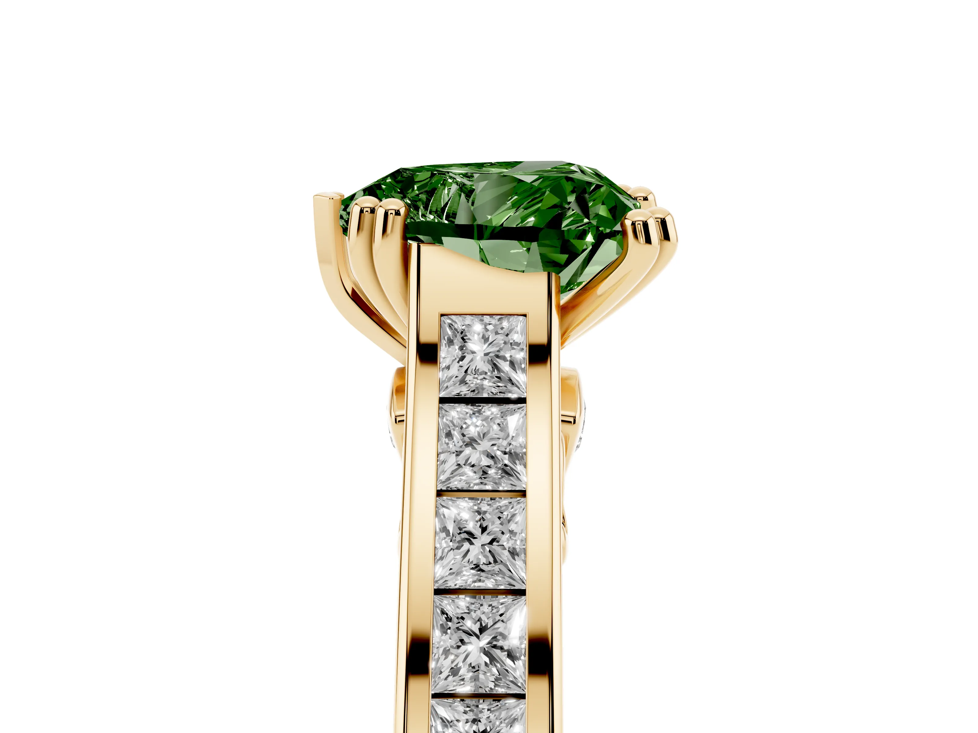 Fancy Green Heart Cut Diamond Channel Set Solitaire Engagement Ring Set in Yellow gold with Prong Setting