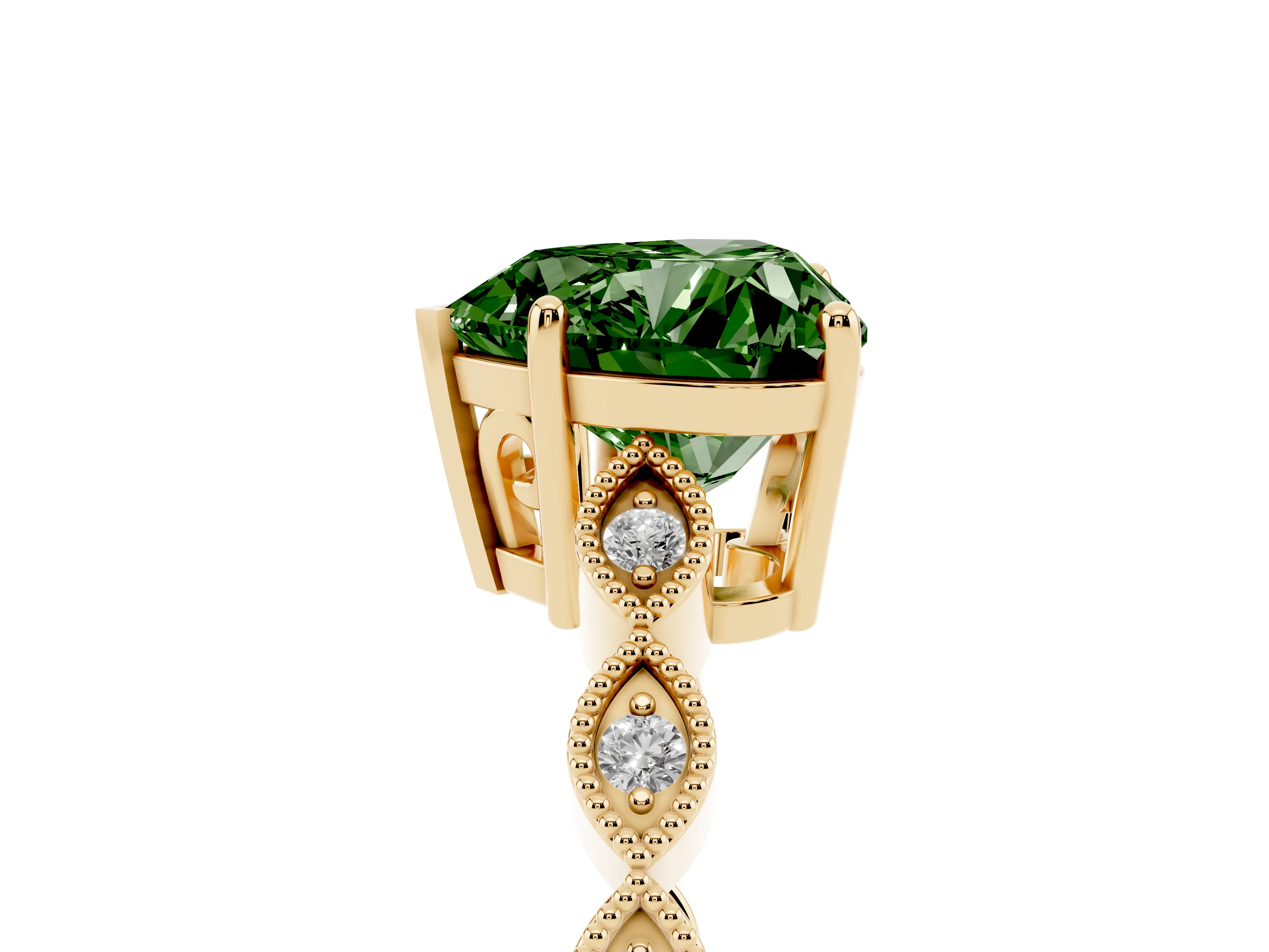 Fancy Green Heart Cut Diamond Solitaire Ring Set in Yellow gold with Infinity Twist Pavé Band