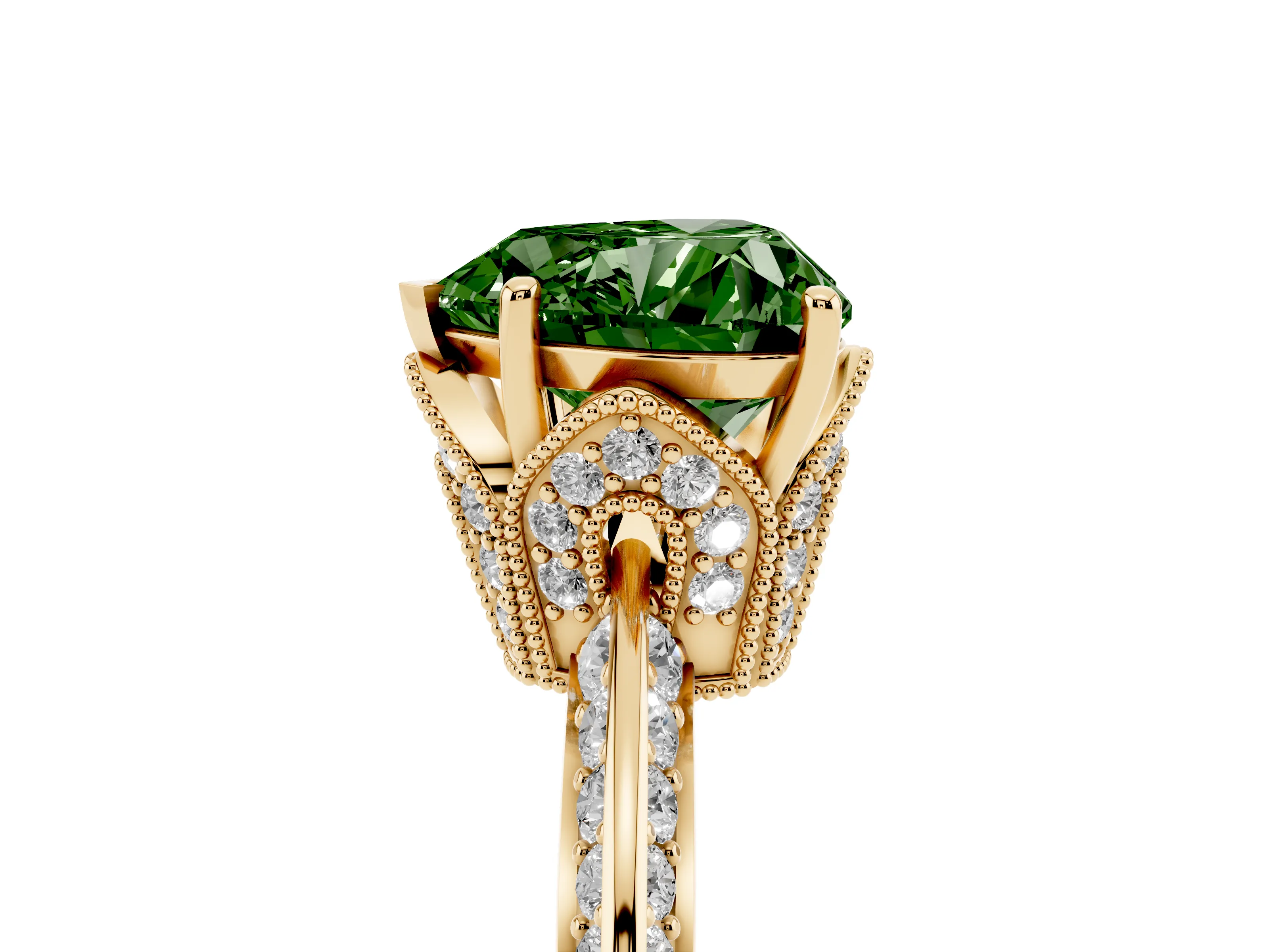 Fancy Green Heart Cut Diamond Solitaire Engagement Ring Set in Yellow gold with Pavé Split Shank and Prong Setting