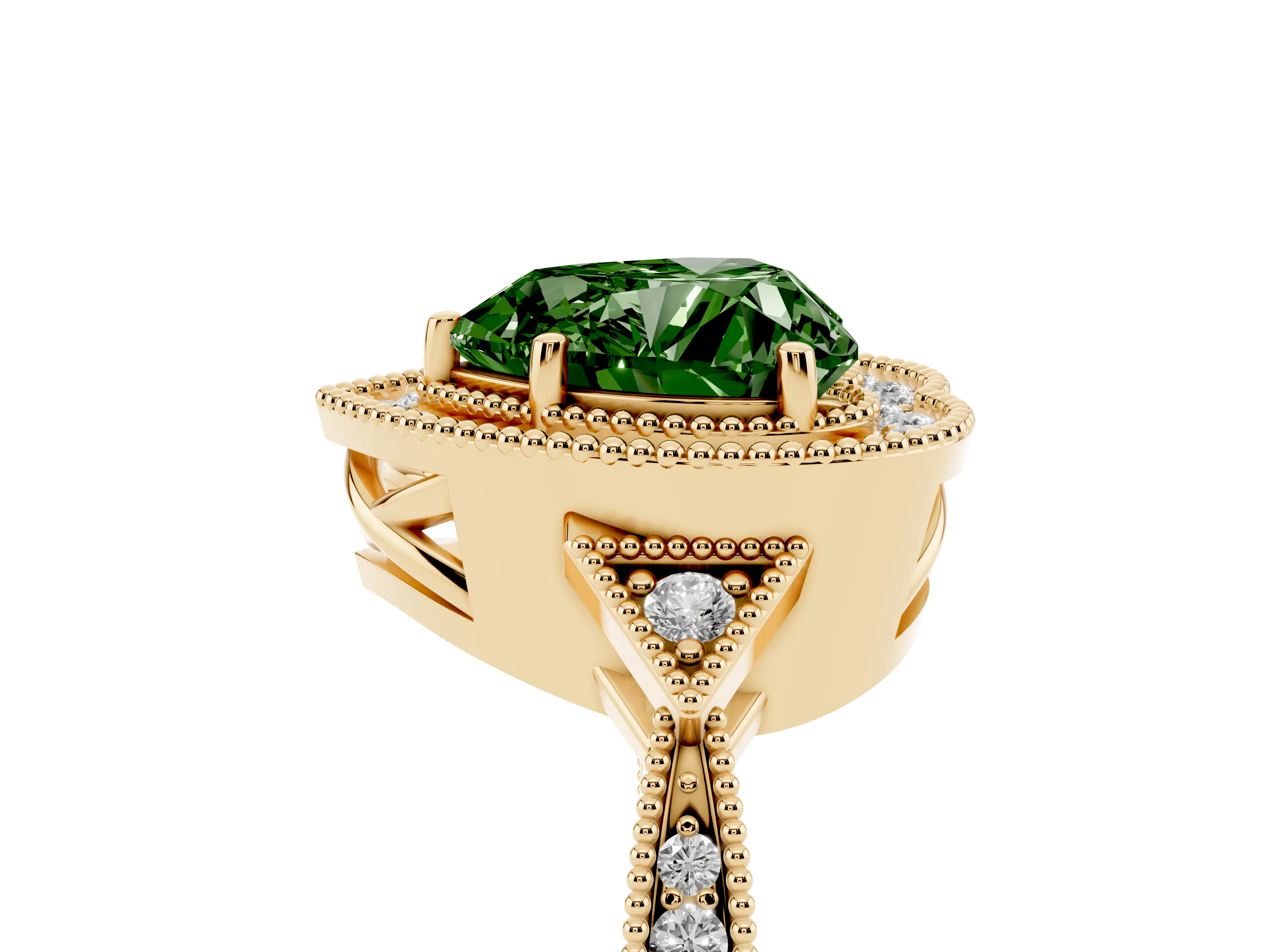 Fancy Green Heart Cut Diamond Halo Engagement Ring Set in Yellow gold with Milgrain Pavé Band