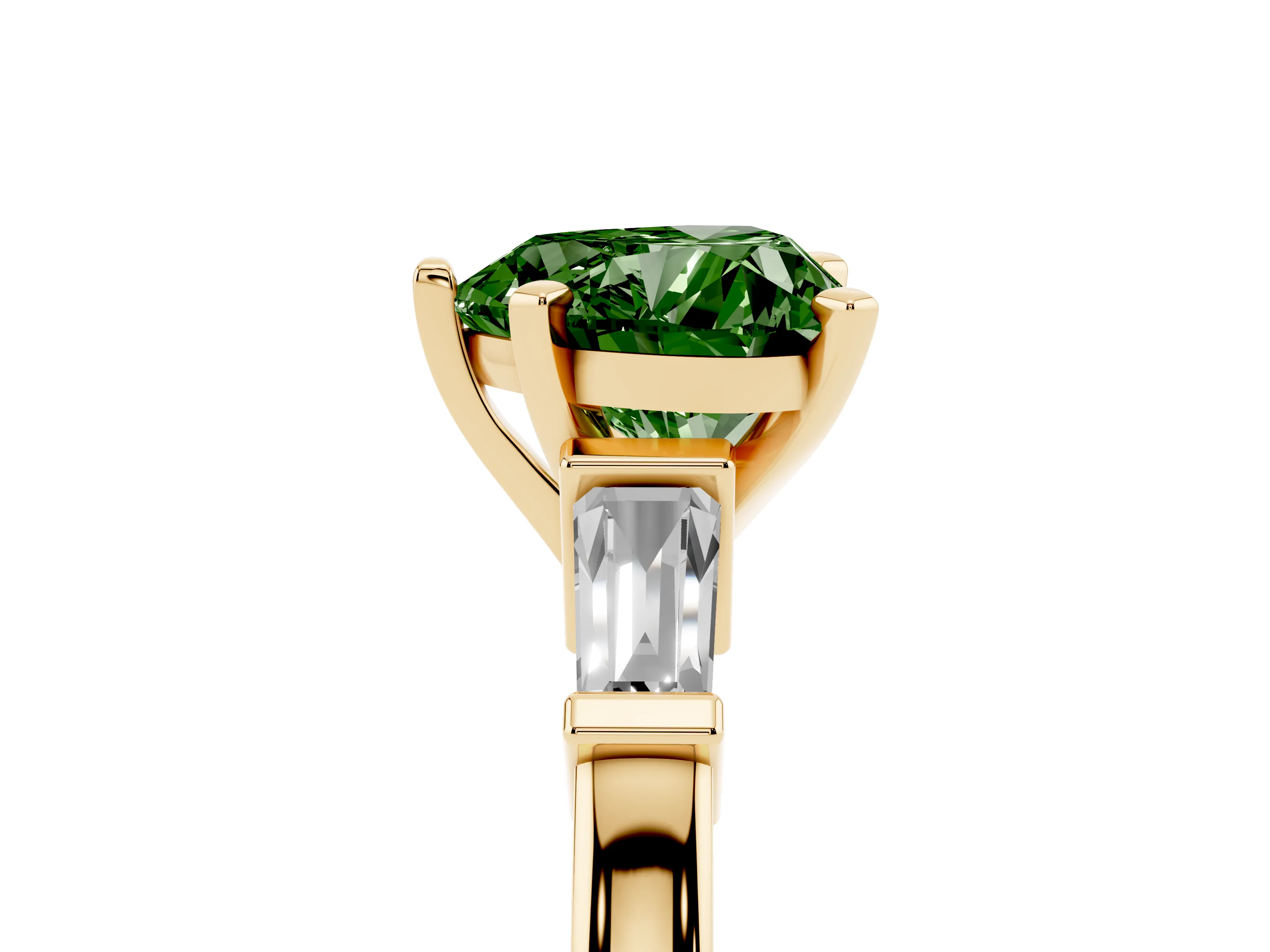 Fancy Green Heart Cut Diamond Solitaire Ring Set in Yellow gold with Tapered Baguette Accents and Prong Setting