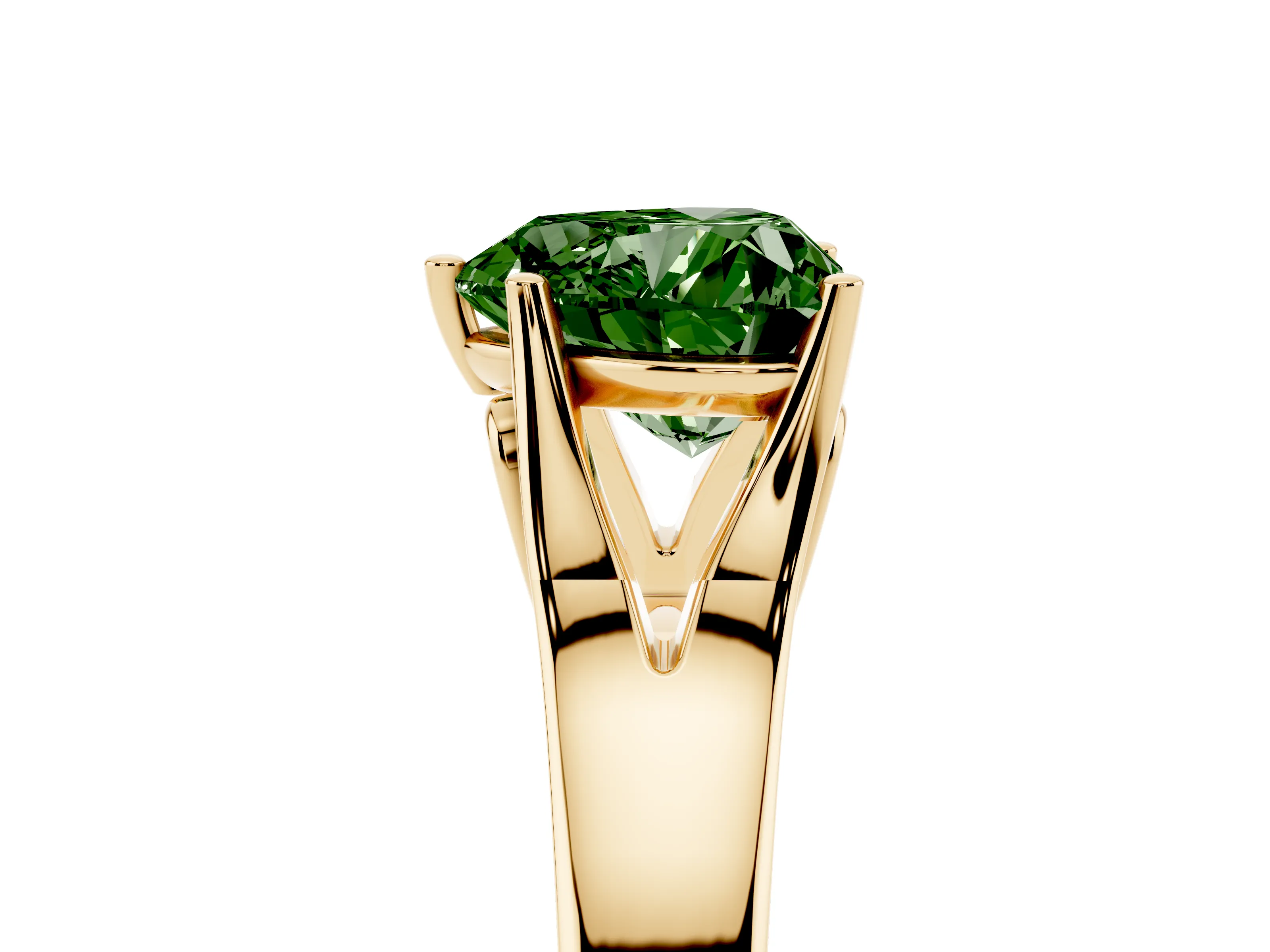 Fancy Green Heart Cut Diamond Solitaire Ring Set in Yellow gold with Arched Cathedral Band and Prong Setting