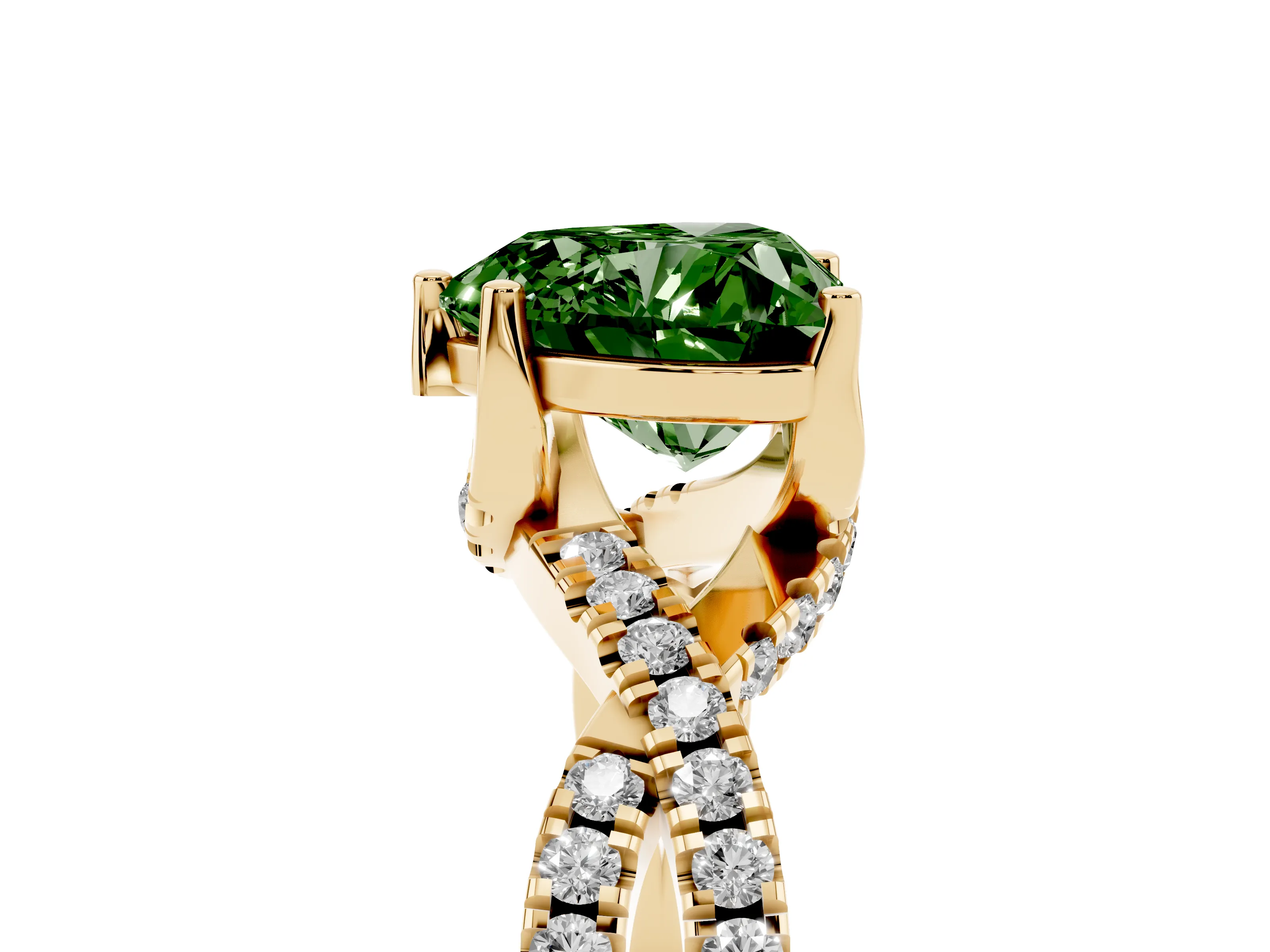 Fancy Green Heart Cut Diamond Twist Pavé Solitaire Engagement Ring Set in Yellow gold with Prong Setting