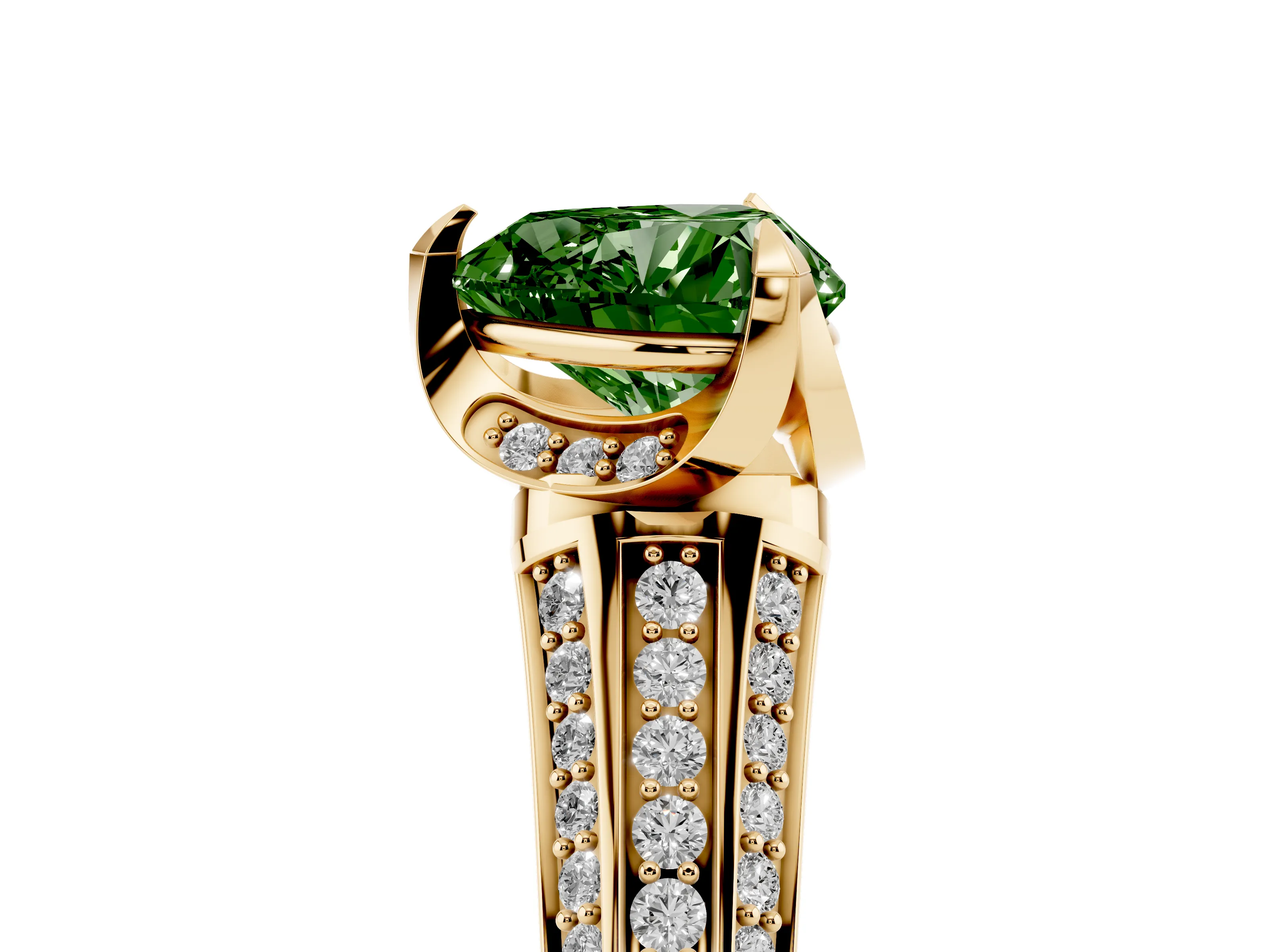 Fancy Green Heart Cut Diamond Pavé Split Shank Solitaire Ring Set in Yellow gold with Prong Setting