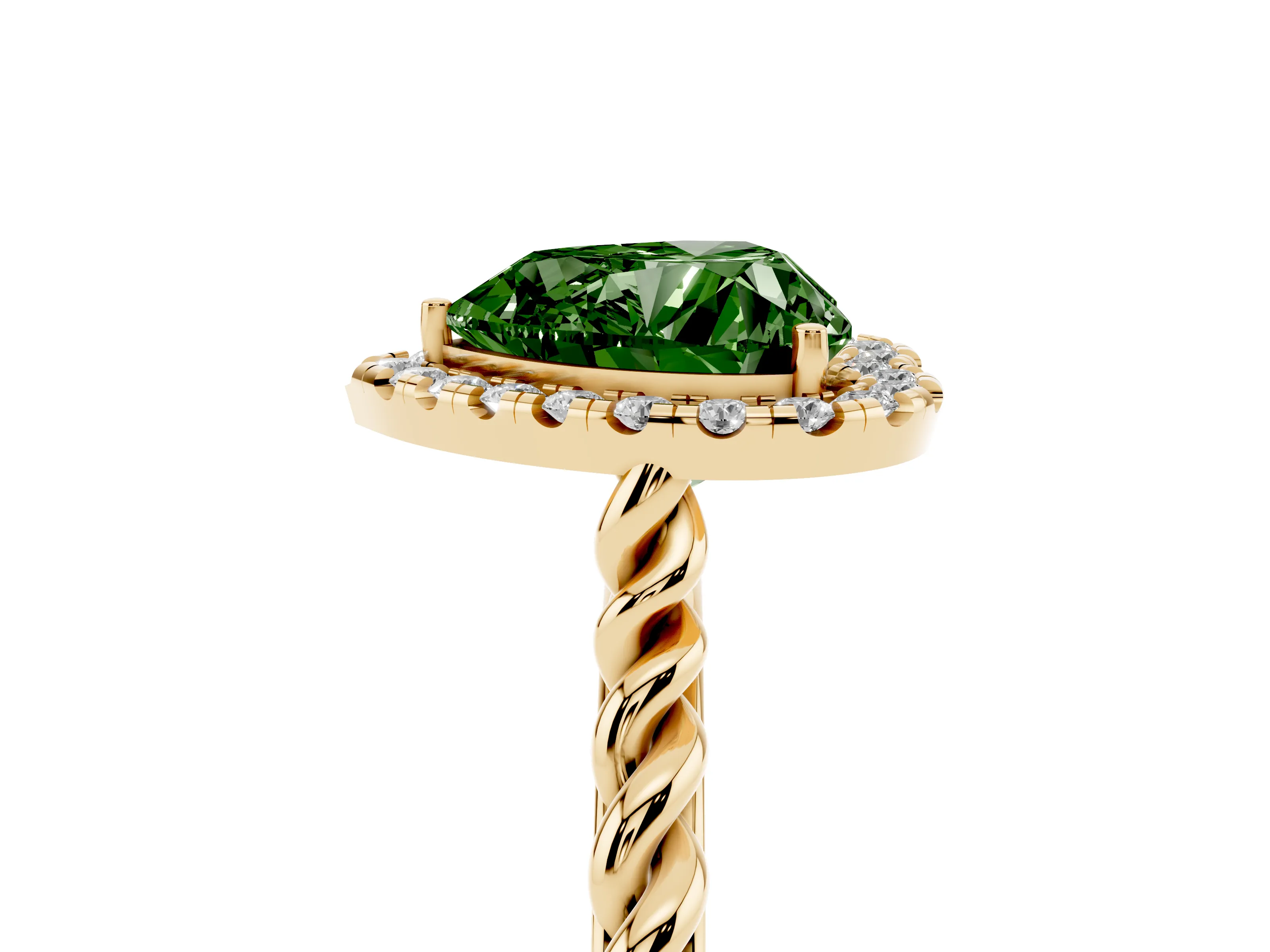 Fancy Green Heart Cut Diamond Halo Ring Set in Yellow gold with Plain Twisted Band