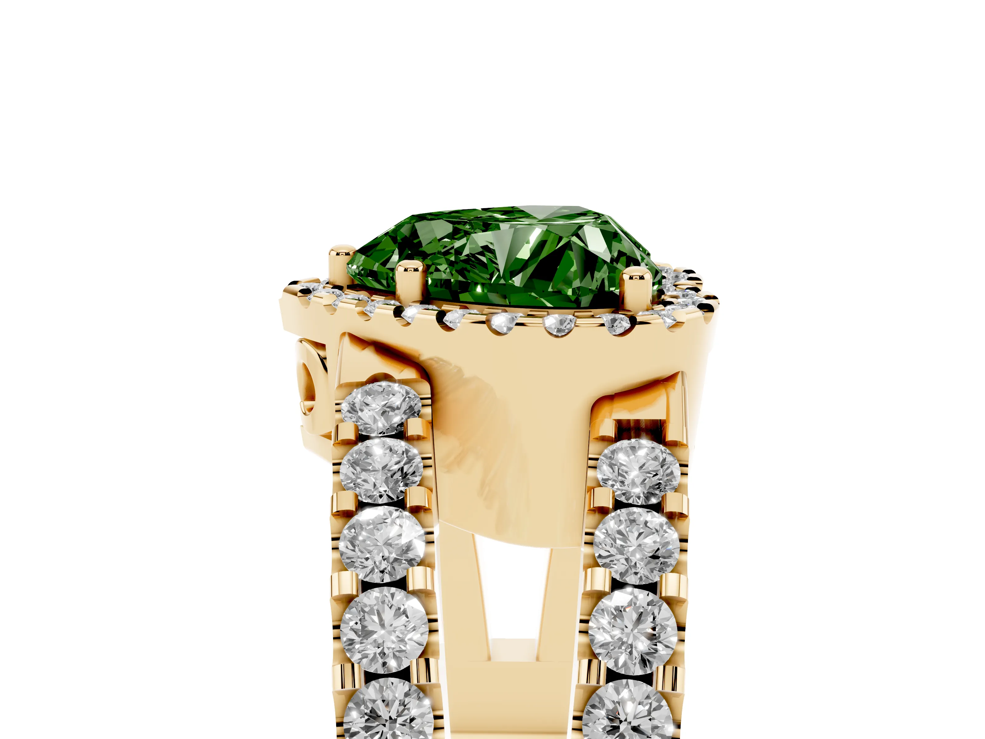 Fancy Green Heart Cut Diamond Halo Ring Set in Yellow gold with Pavé Split Shank and Prong Setting