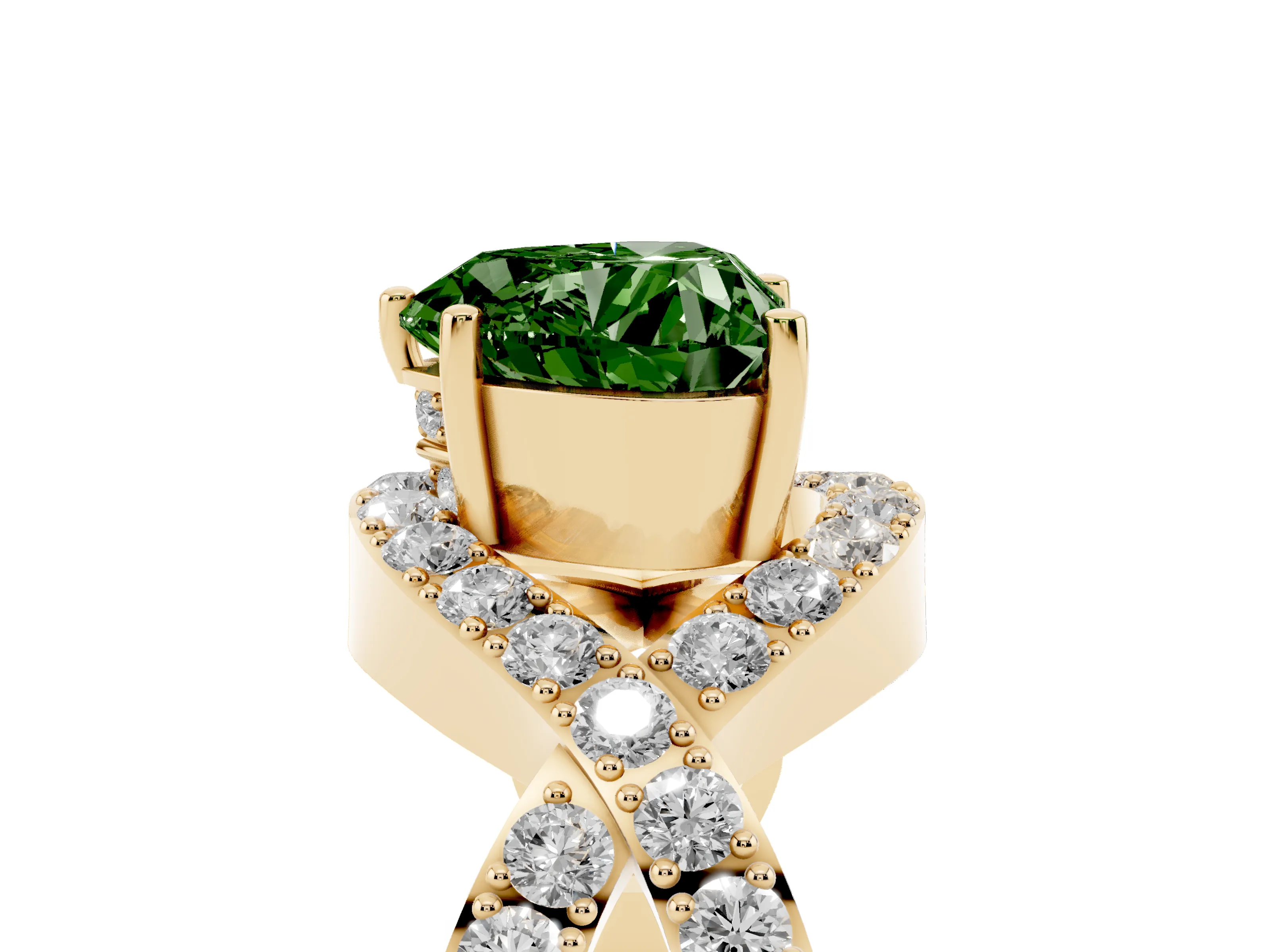 Fancy Green Heart Cut Diamond Solitaire Twist Band Pavé Engagement Ring Set in Yellow gold