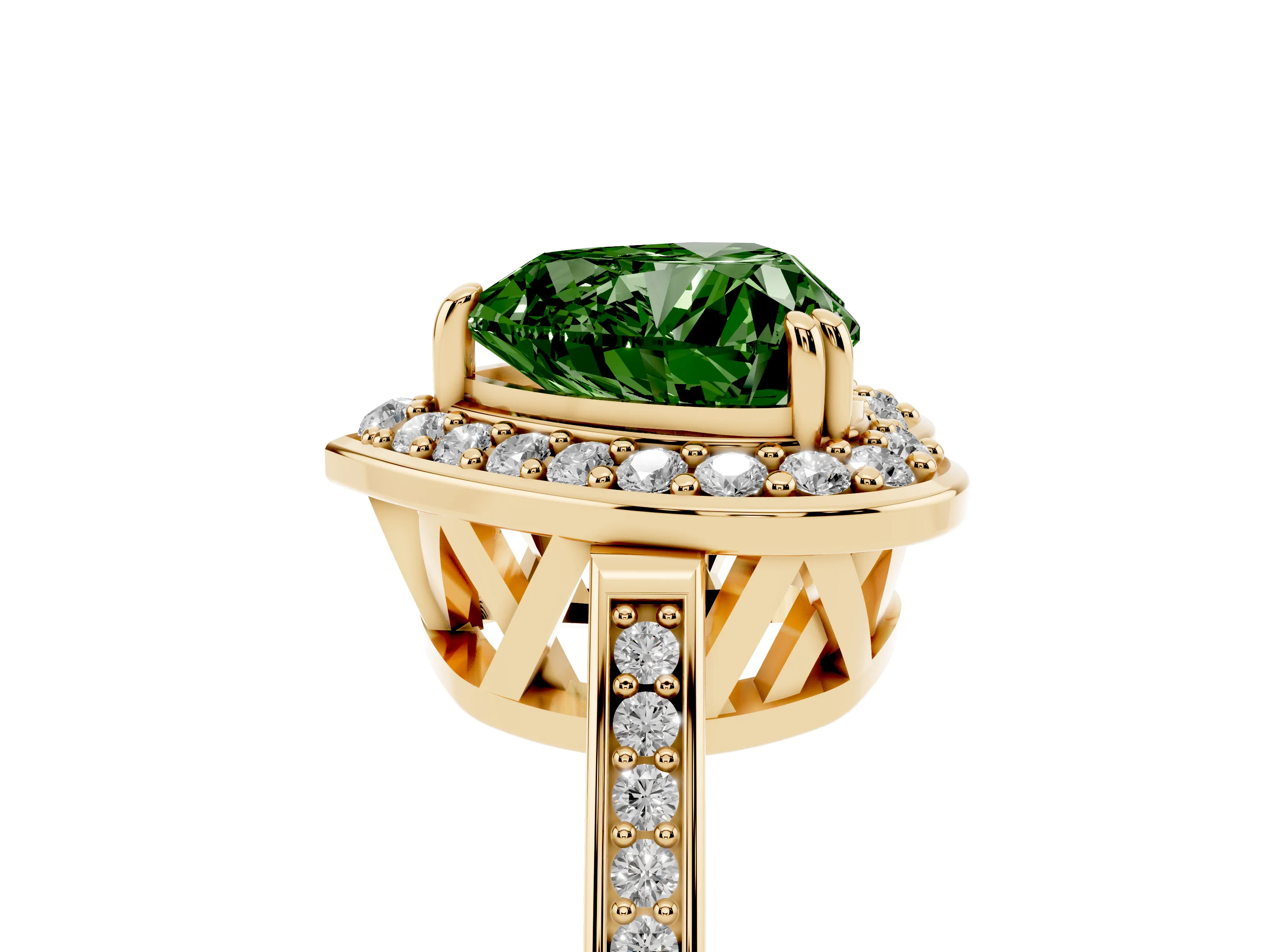 Fancy Green Heart Cut Diamond Halo Ring Set in Yellow gold with Accent-Lined Split Shank and Prong Setting