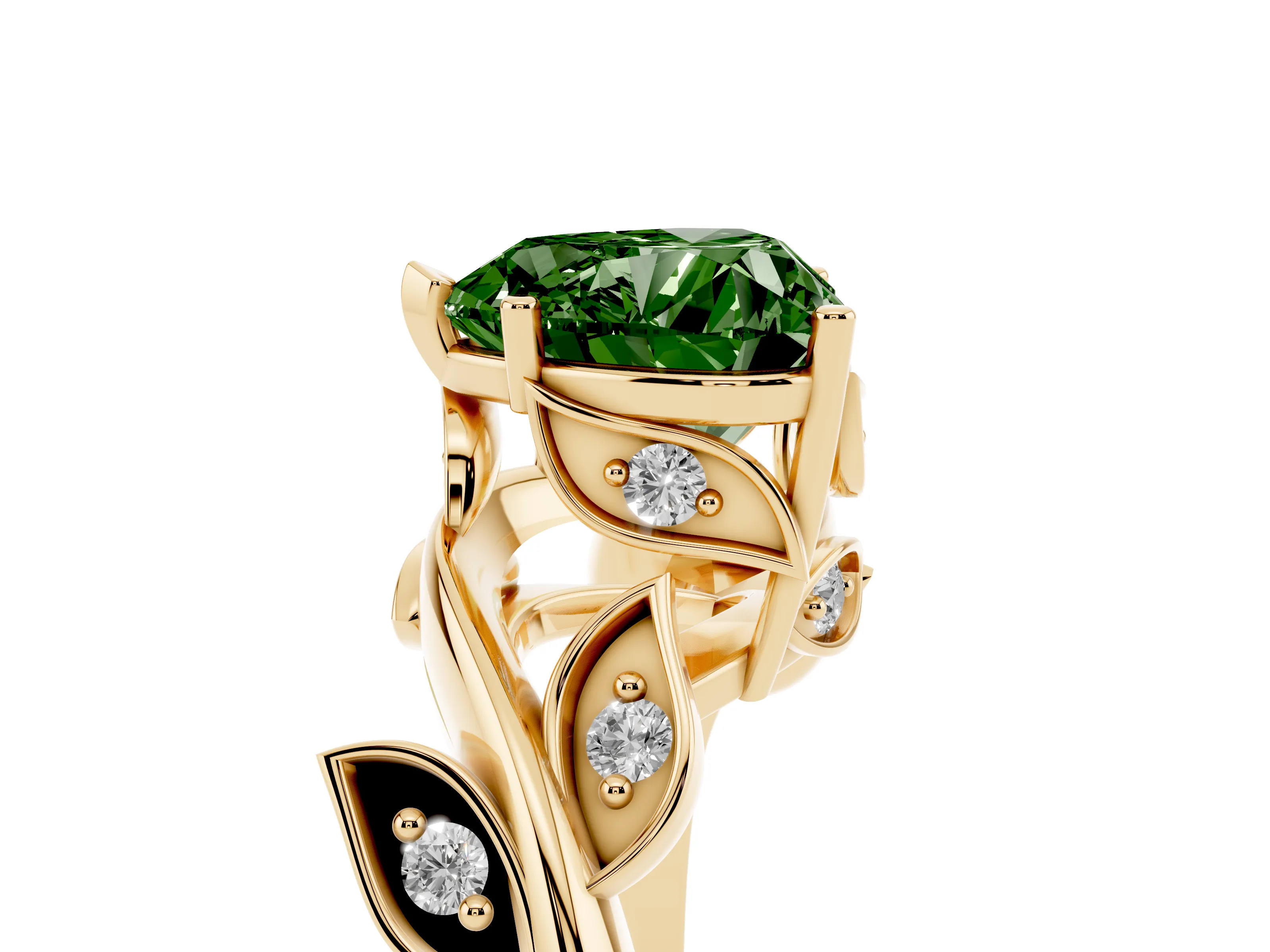 Fancy Green Heart Cut Diamond Solitaire Twist Engagement Ring Set in Yellow gold with Pavé Leaf Accents