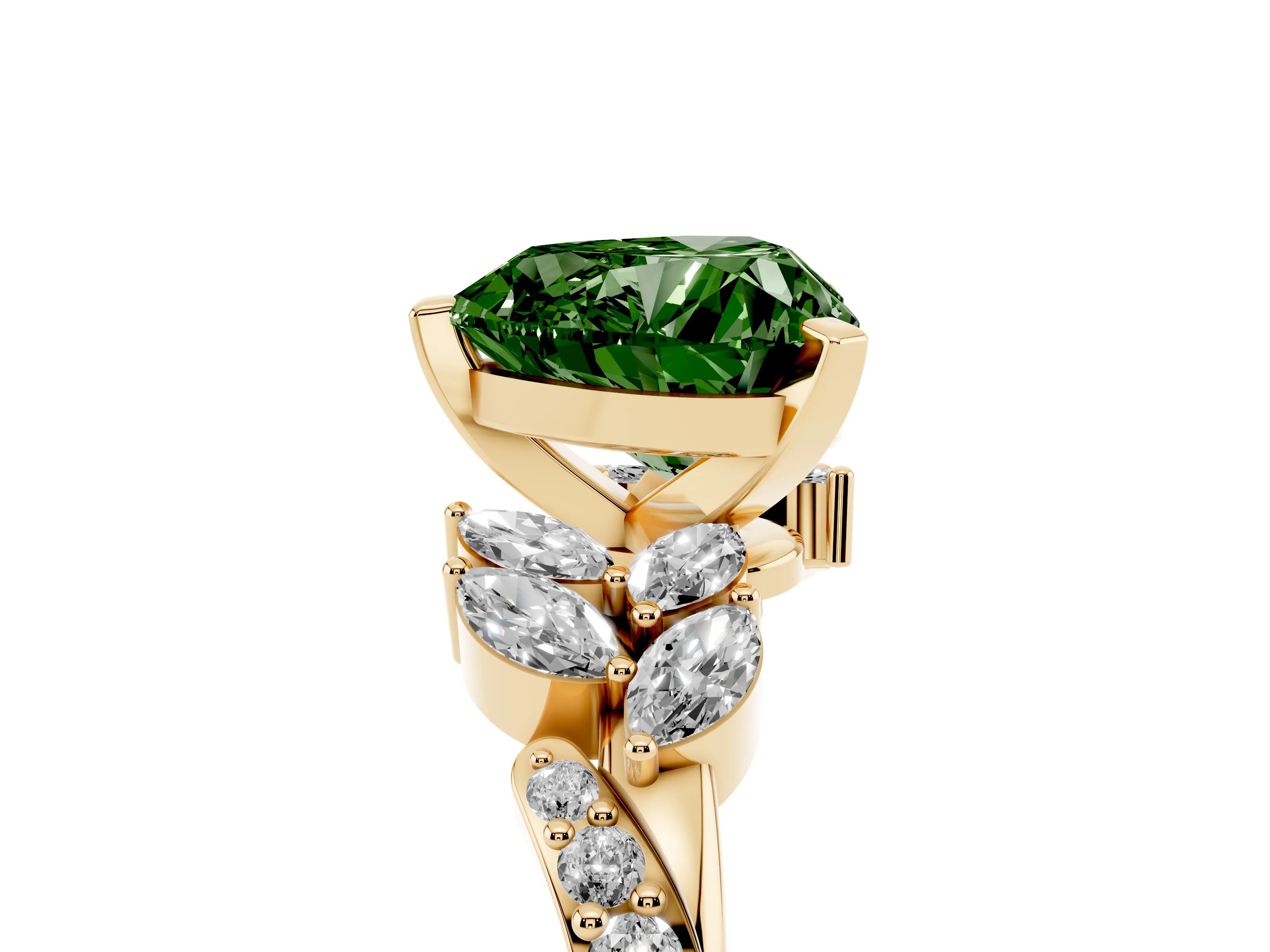 Fancy Green Heart Cut Diamond Solitaire Ring Set in Yellow gold with Marquise Twist Band and Prong Setting