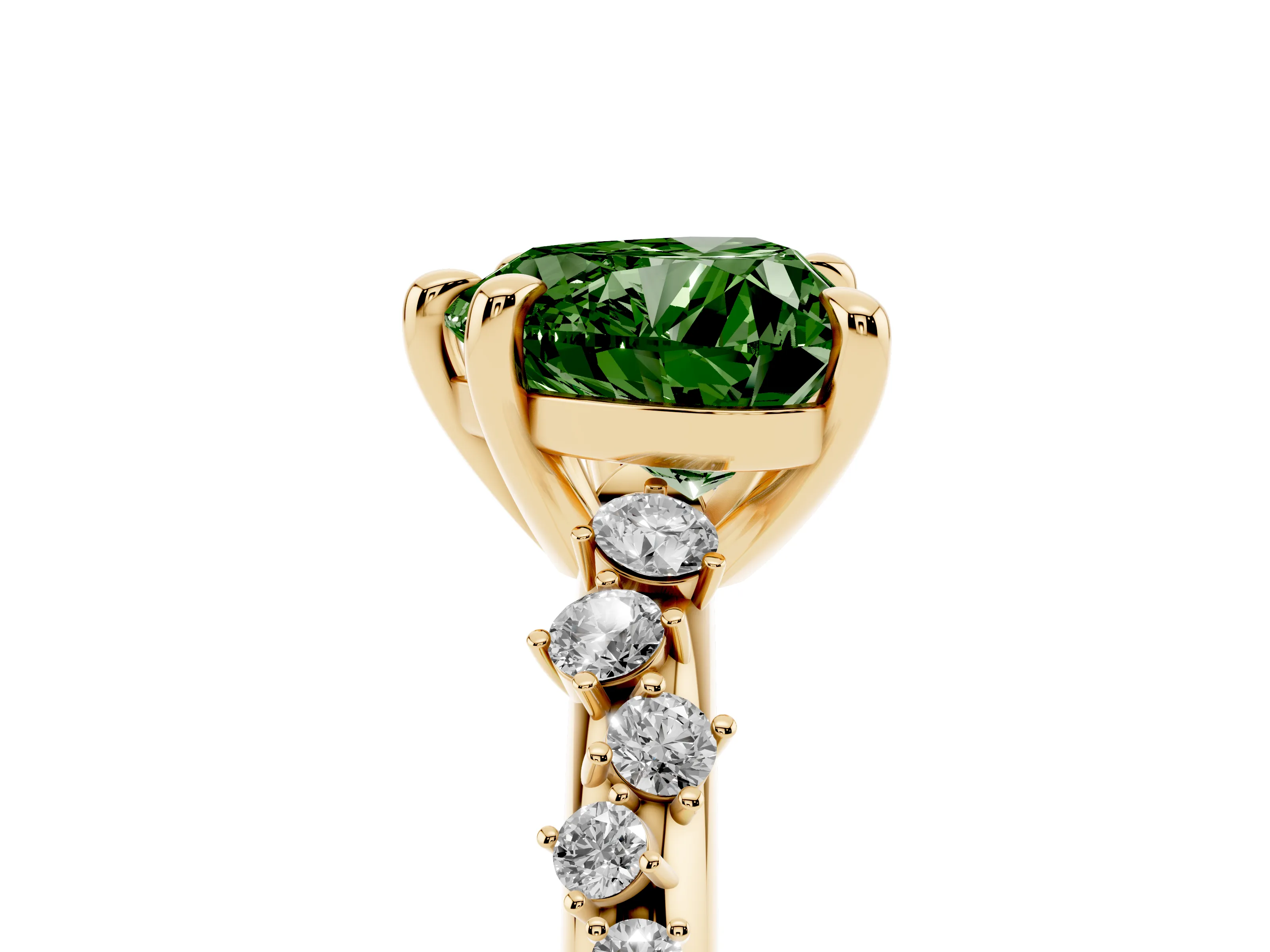 Fancy Green Heart Cut Diamond Solitaire Vine Band Ring Set in Yellow gold with Round Accents and Prong Setting