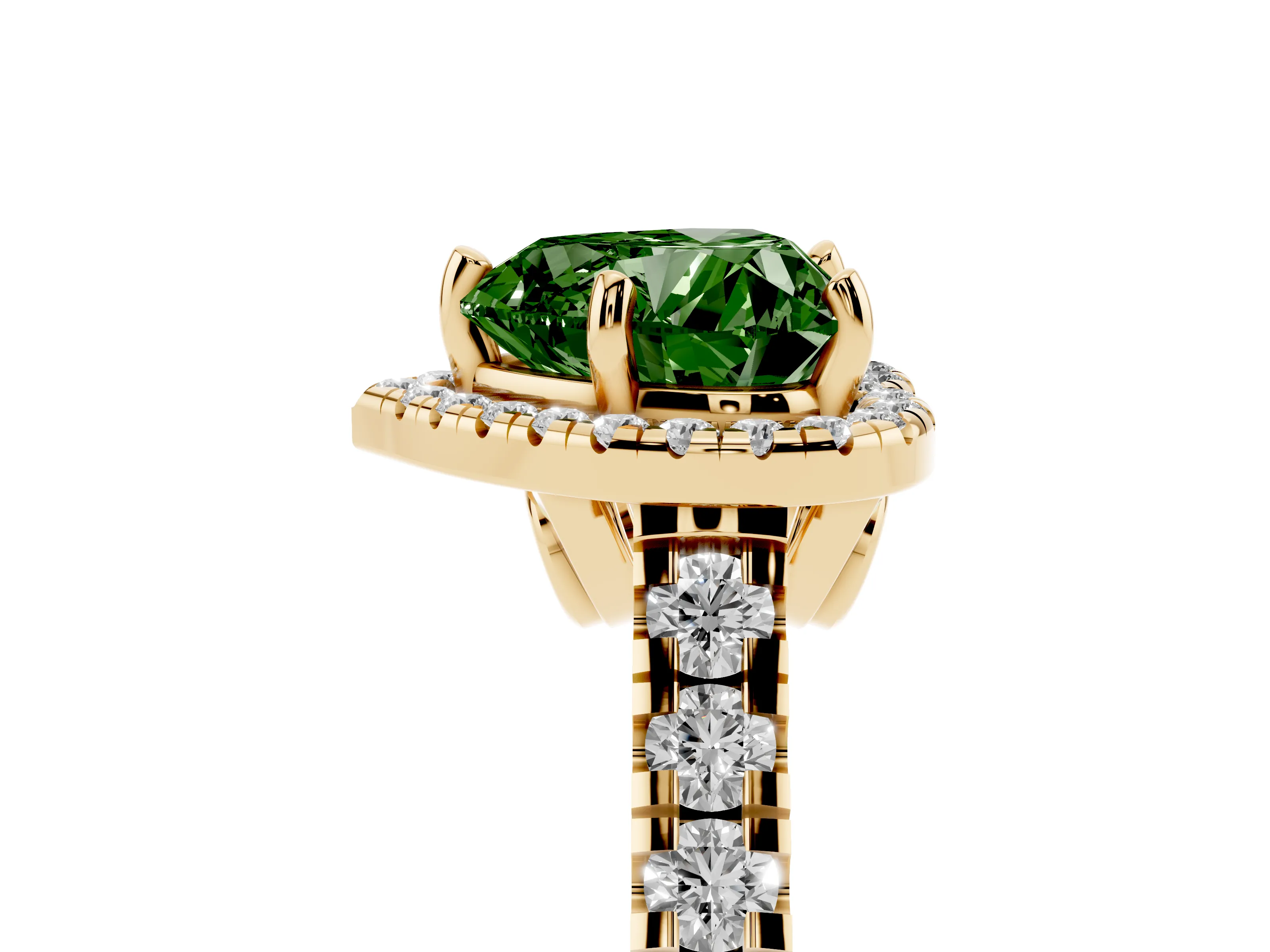 Fancy Green Heart Cut Diamond Halo Engagement Ring Set in Yellow gold with Pavé Band and Prong-Set Center