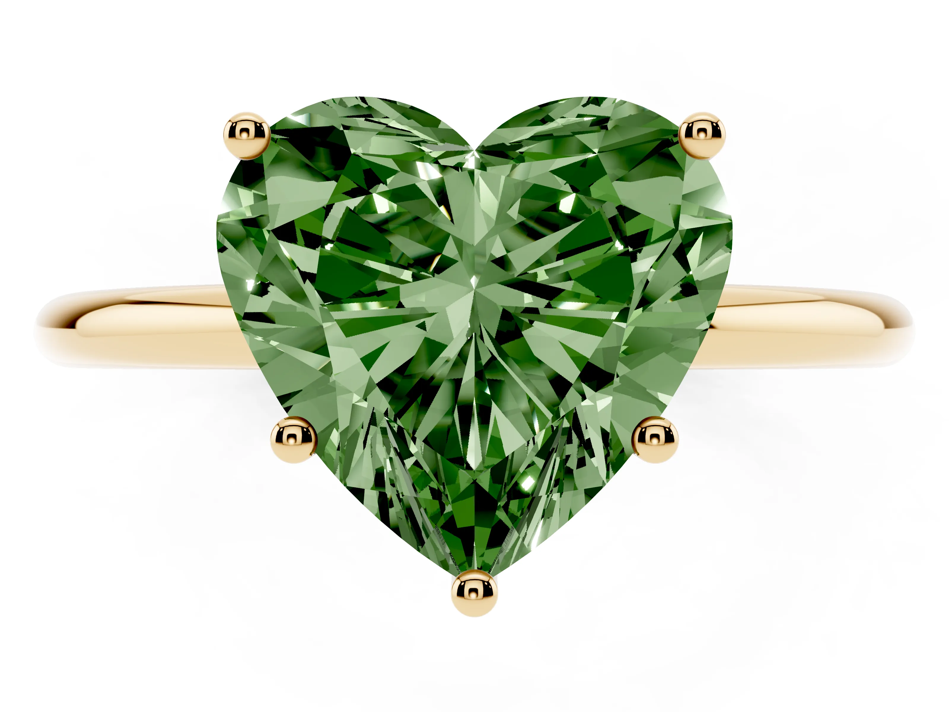 Fancy Green Heart Cut Diamond Solitaire Engagement Ring Set in Yellow gold with Thin Band and Prong Setting
