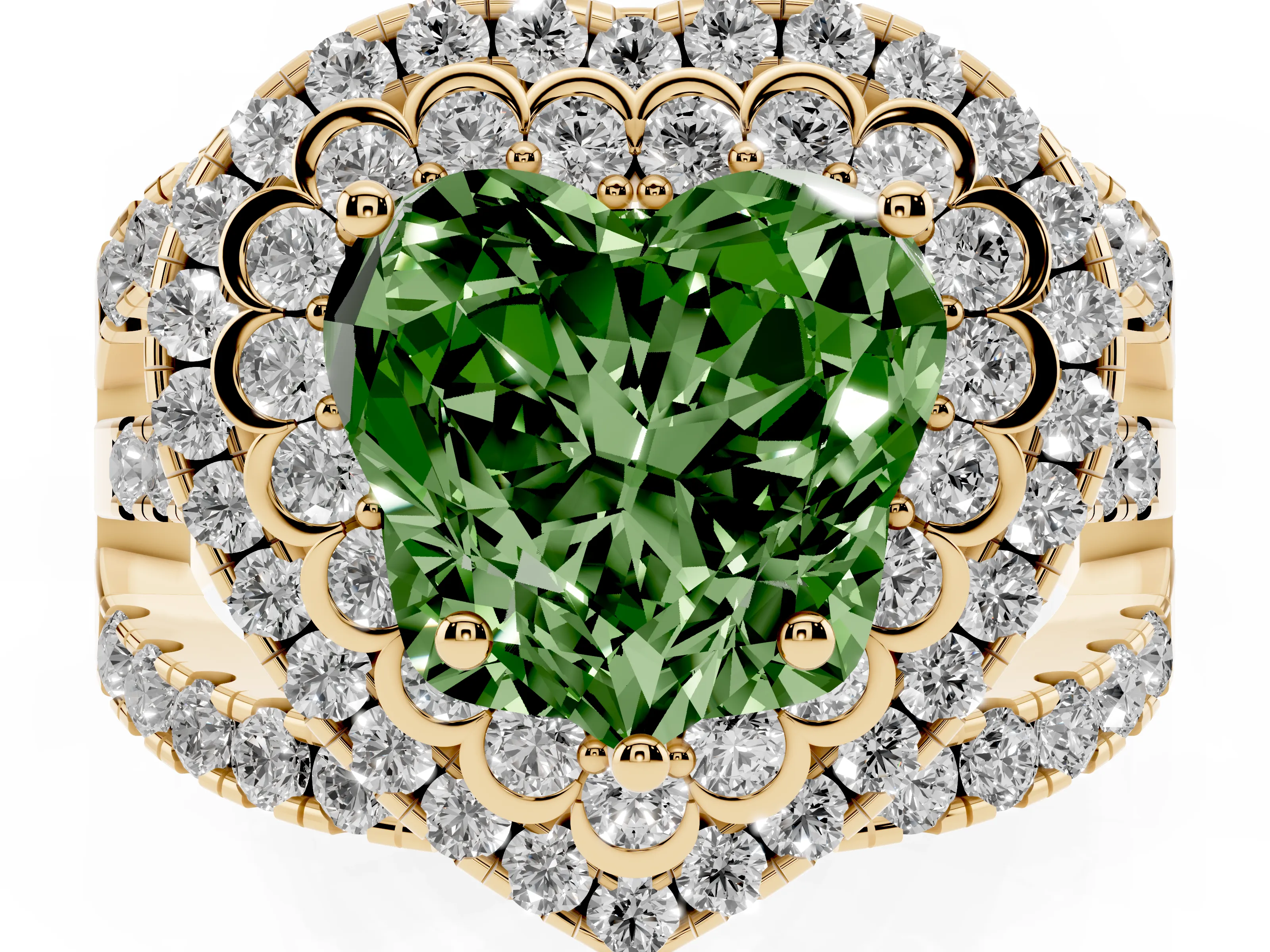 Fancy Green Heart Cut Diamond Double Halo Ring Set in Yellow gold with Round Pavé Split Shank