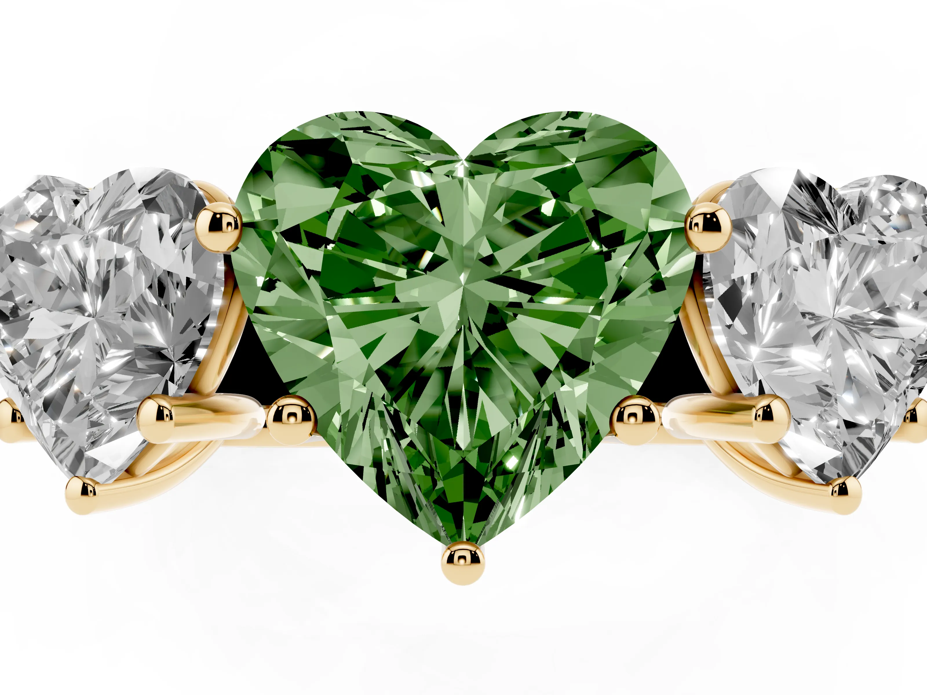 Fancy Green Heart Cut Diamond Three-Stone Ring Set in Yellow gold with Plain Polished Band