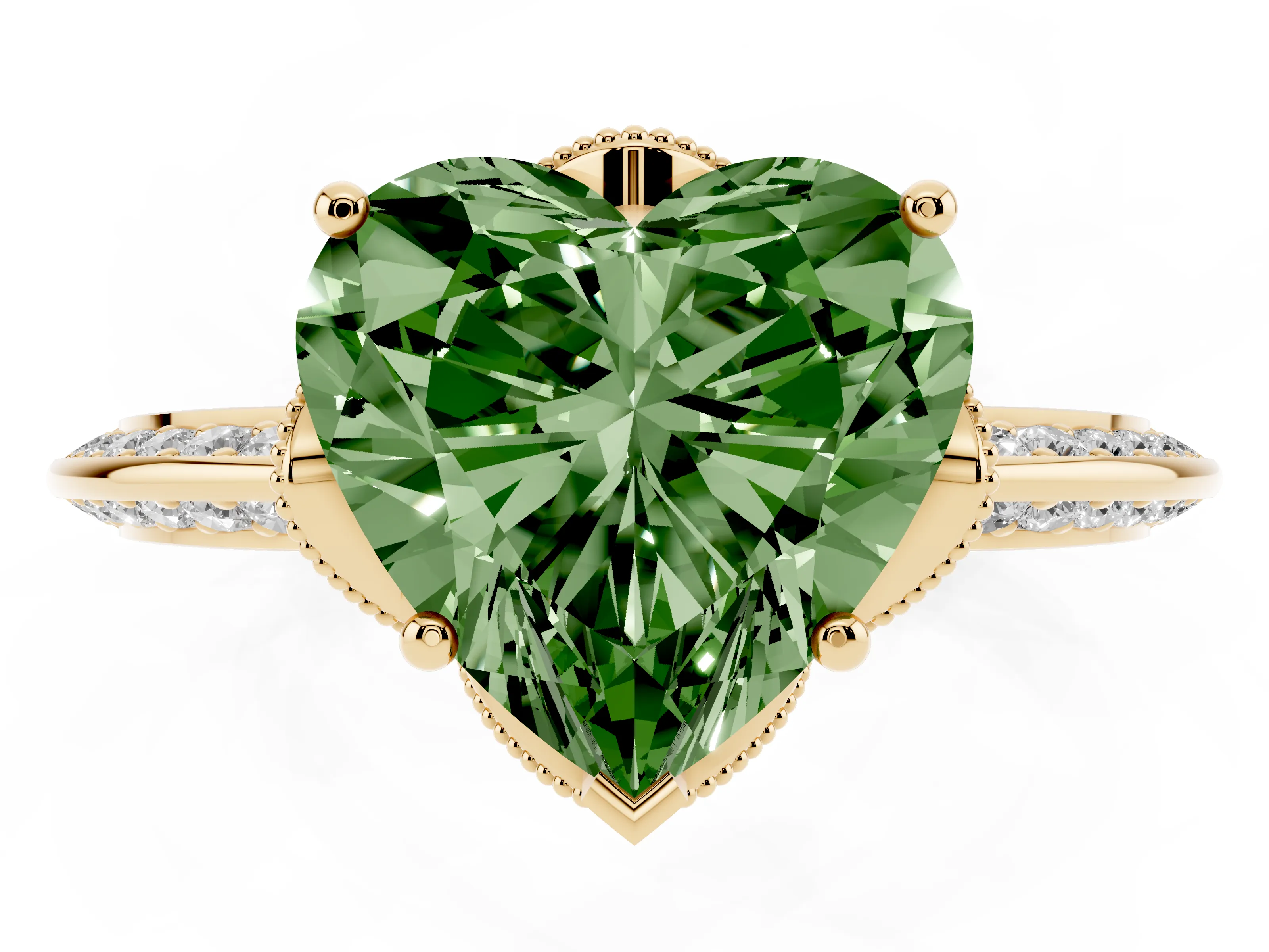 Fancy Green Heart Cut Diamond Solitaire Engagement Ring Set in Yellow gold with Pavé Split Shank and Prong Setting