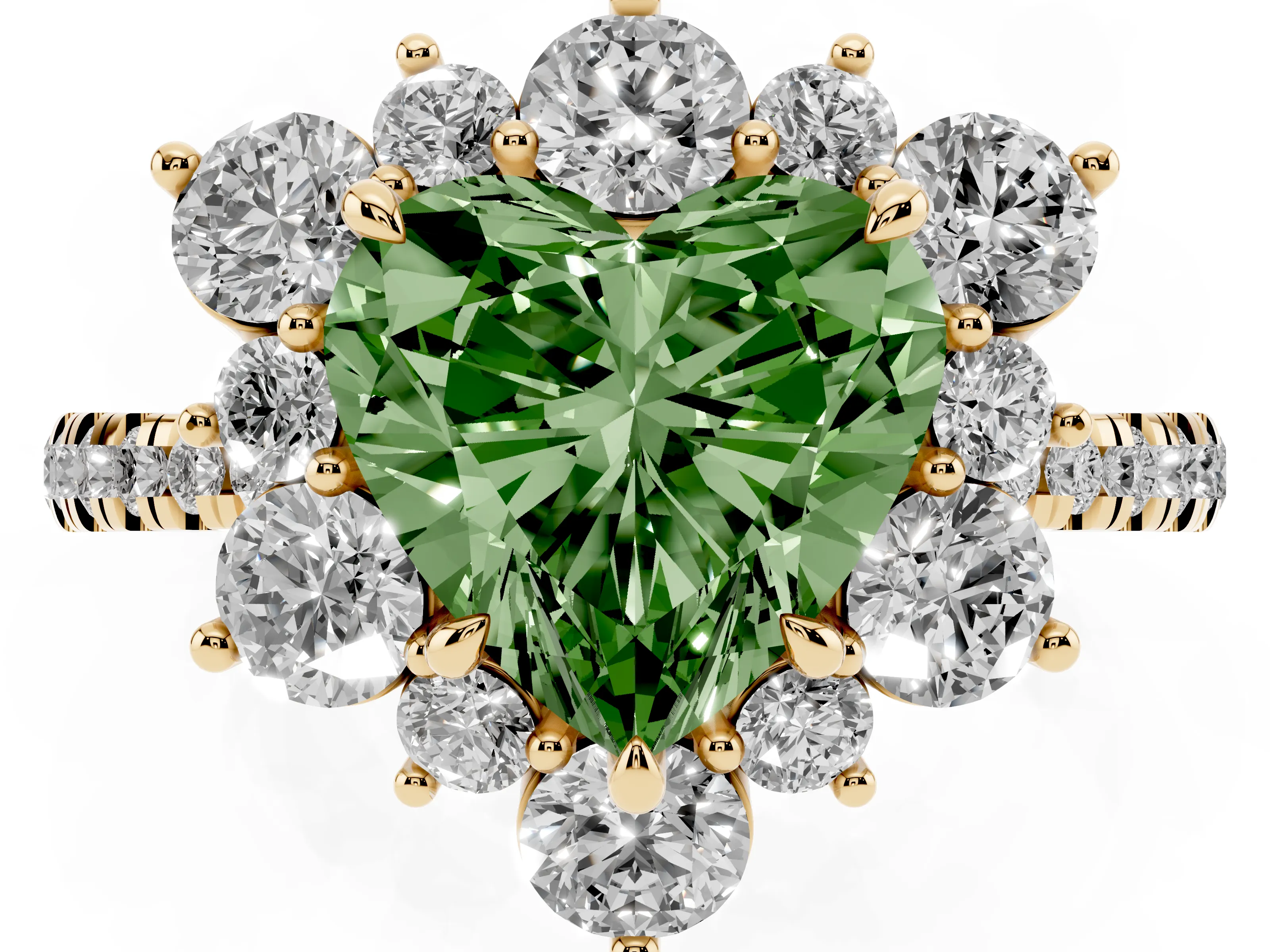 Fancy Green Heart Cut Diamond Floral Halo Ring Set in Yellow gold with Round Pavé Band and Prong Setting