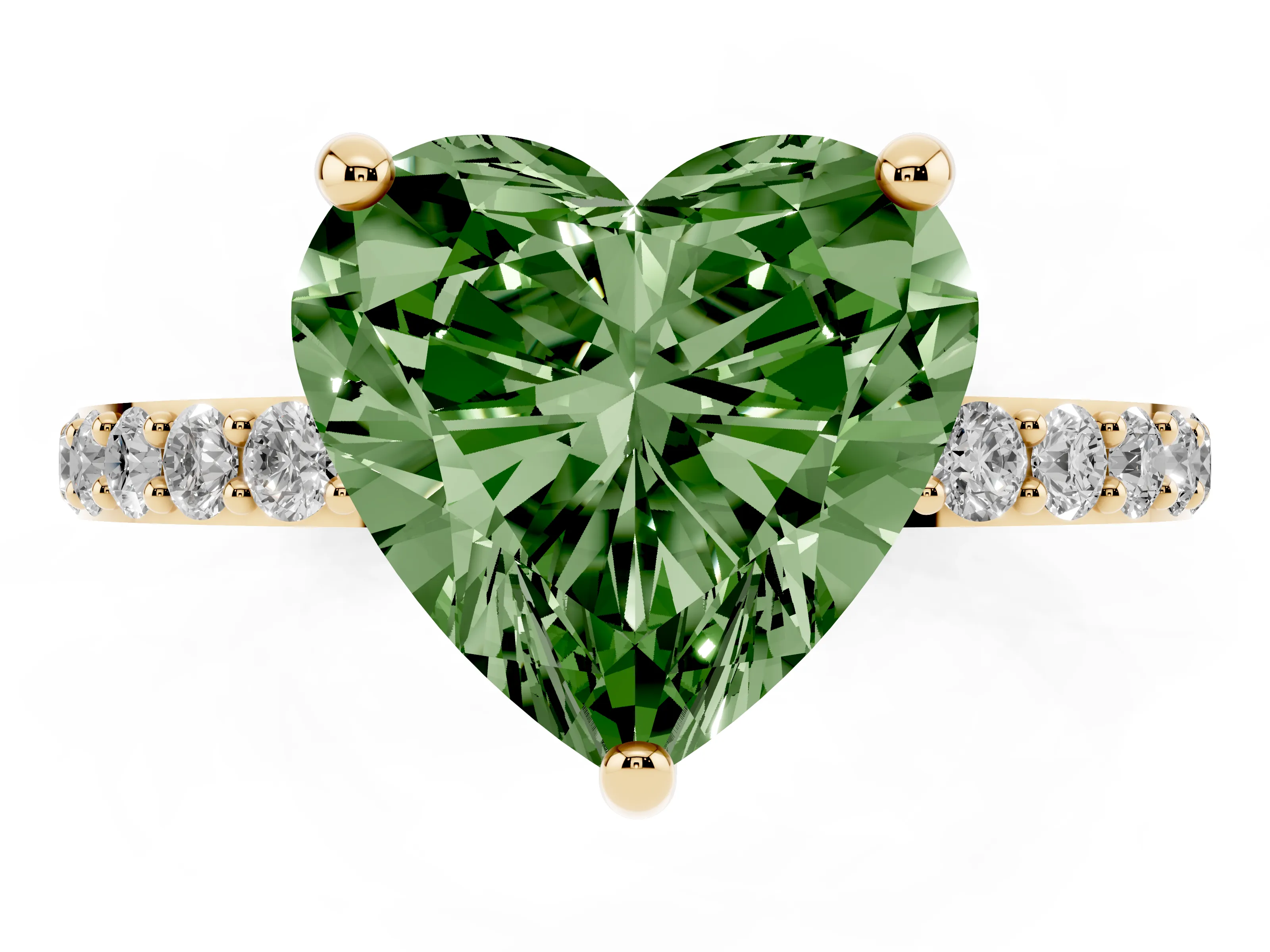 Fancy Green Heart Cut Diamond Solitaire Ring Set in Yellow gold with Round Pavé Band and Prong Setting