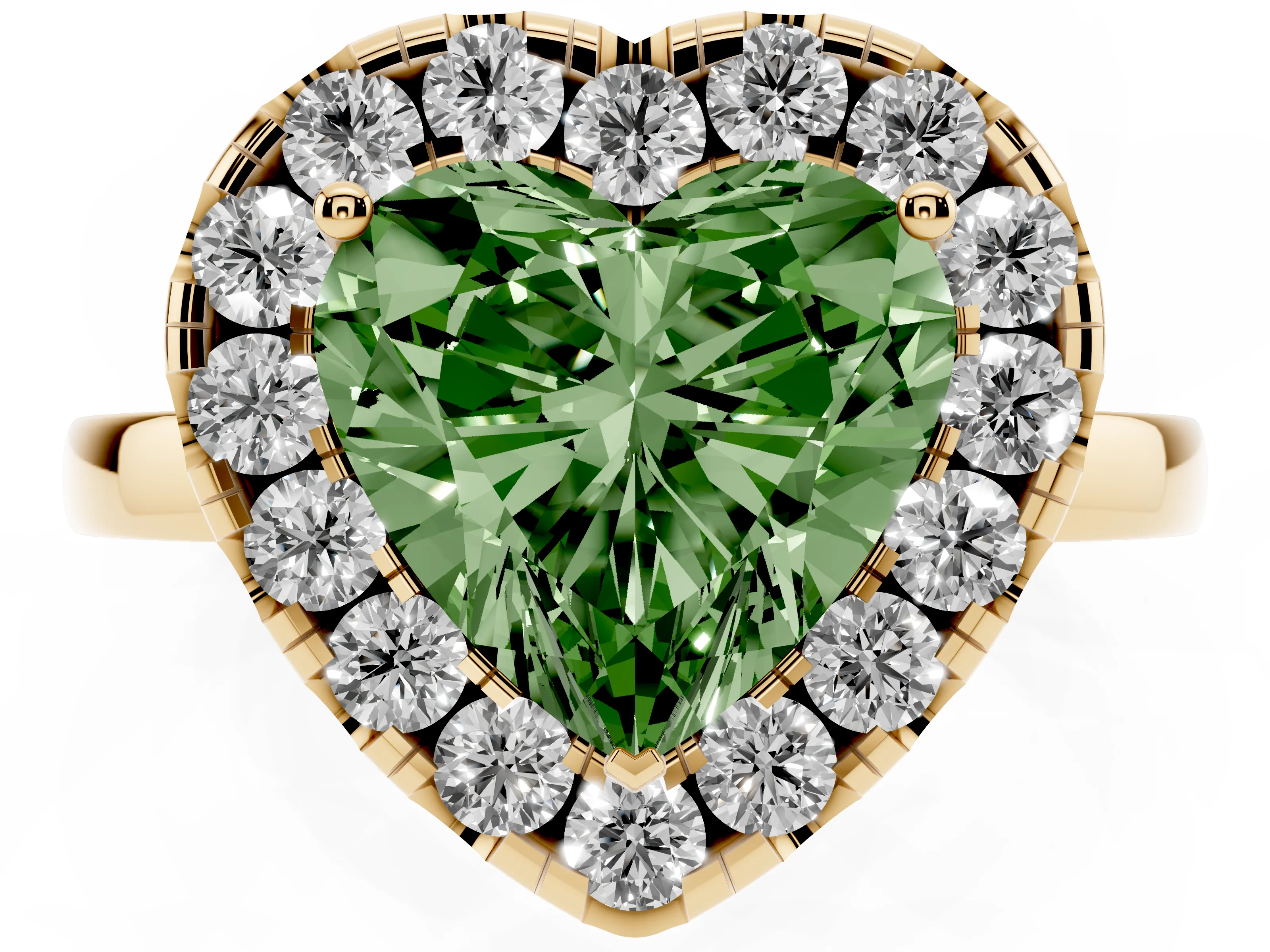 Fancy Green Heart Cut Diamond Halo Solitaire Ring Set in Yellow gold with Pavé Band and Prong Setting