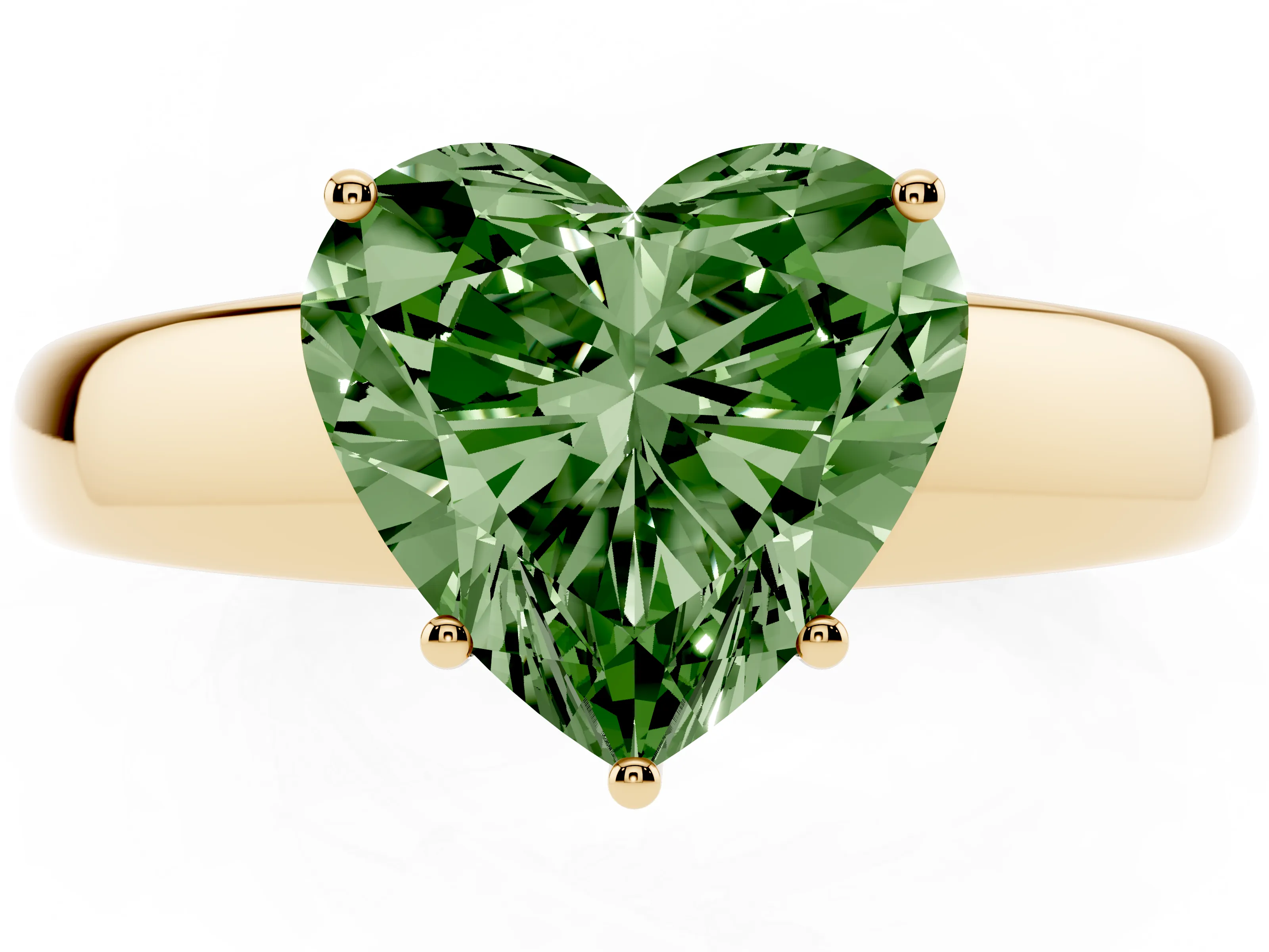 Fancy Green Heart Cut Diamond Solitaire Ring Set in Yellow gold with Tapered Band and Prong Setting