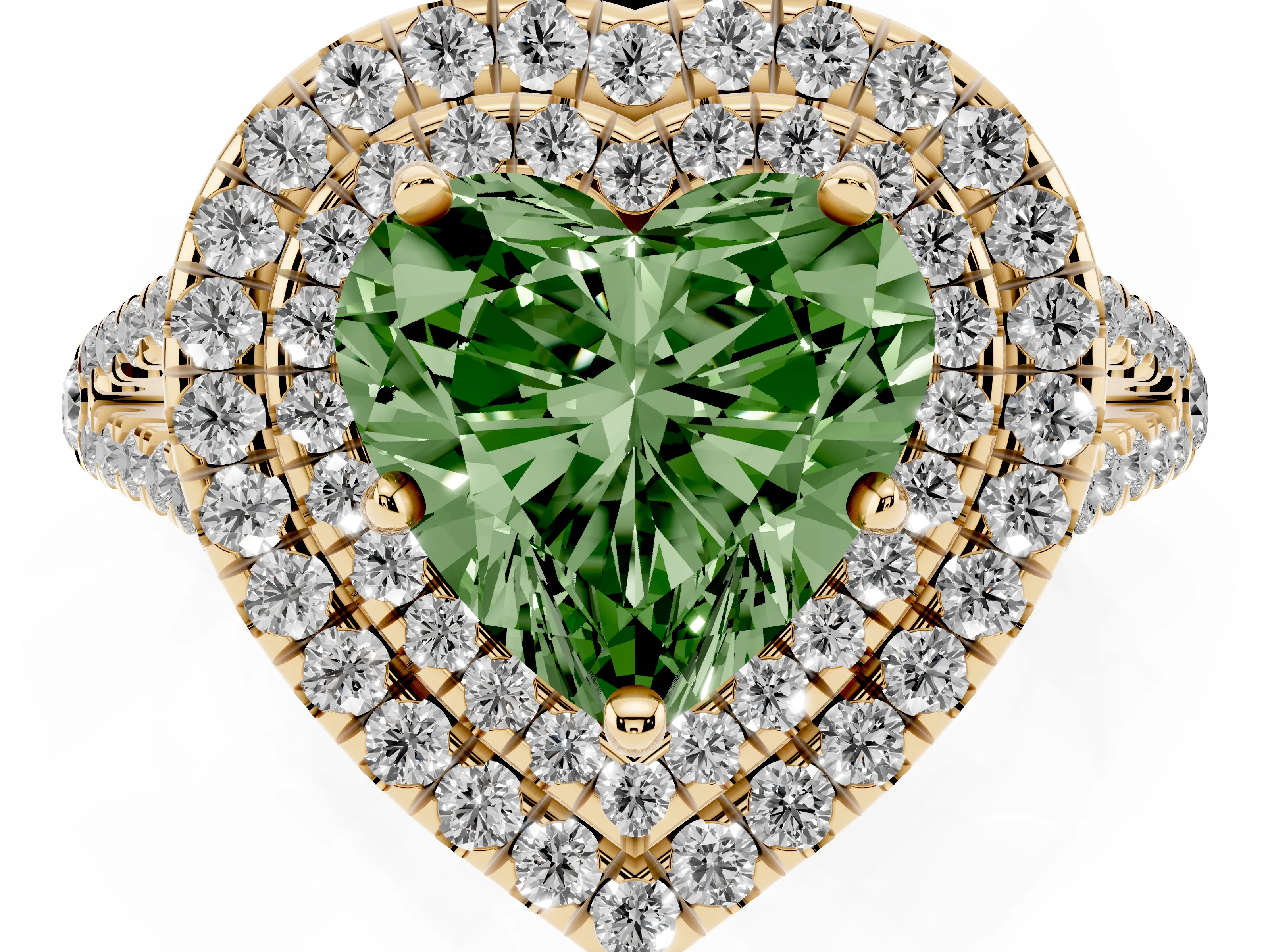 Fancy Green Heart Cut Diamond Double Halo Ring Set in Yellow gold with Pavé Band