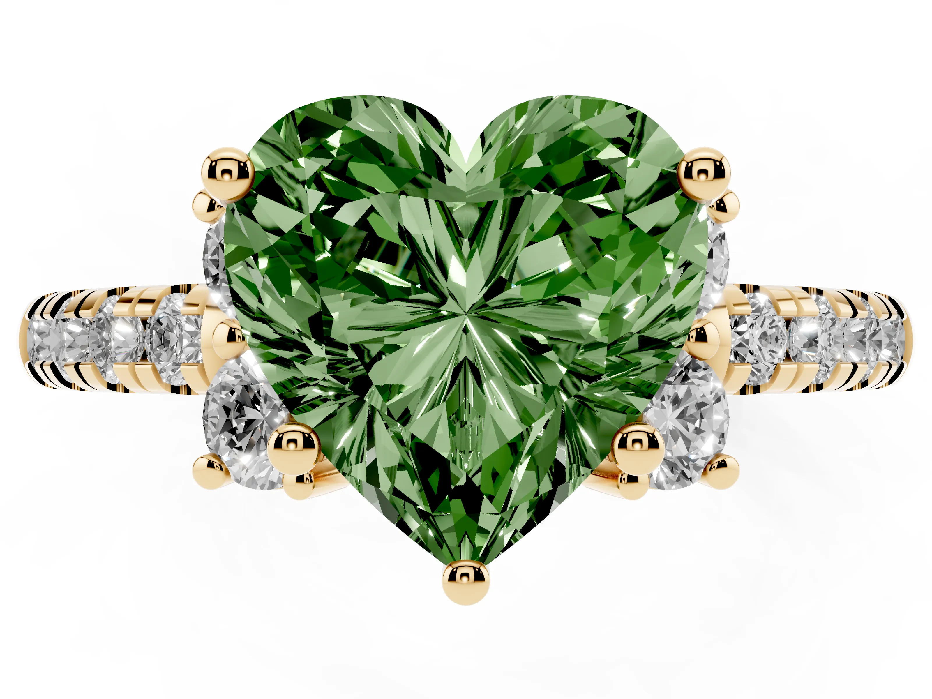 Fancy Green Heart Cut Diamond Three-Stone Pavé Ring Set in Yellow gold with Prong Setting