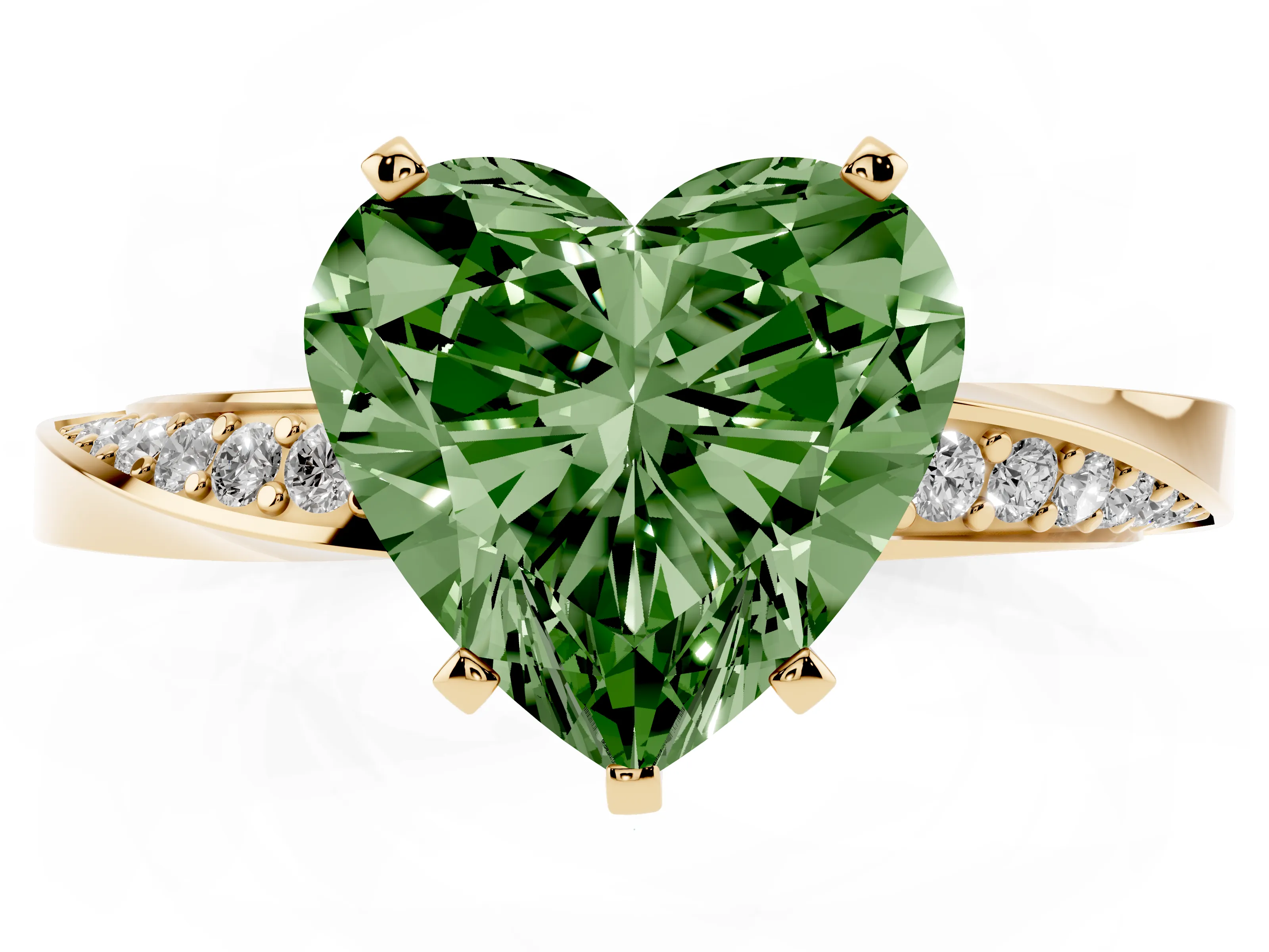 Fancy Green Heart Cut Diamond Engagement Ring Set in Yellow gold with Side Stone Accents and Prong Setting