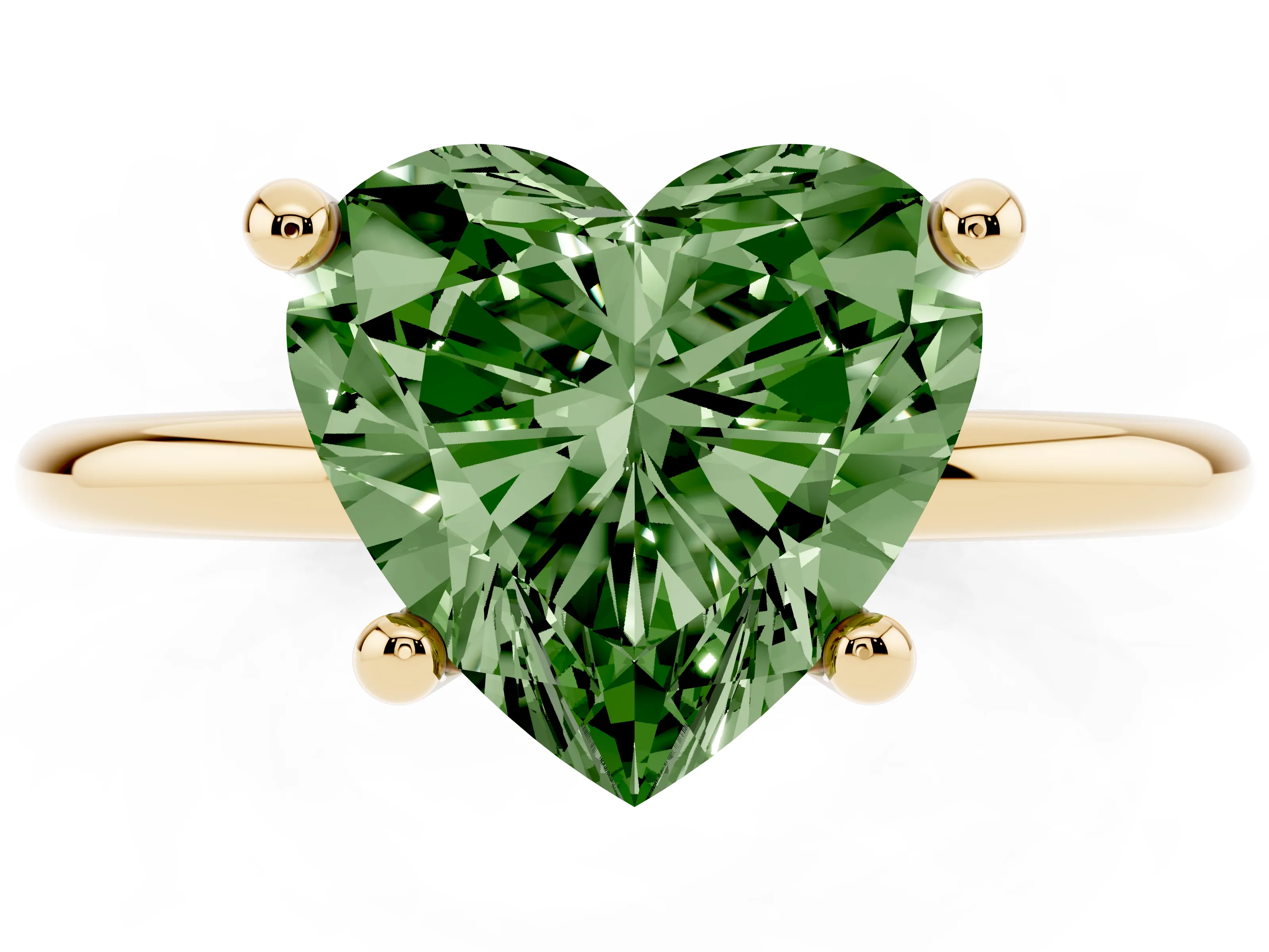 Fancy Green Heart Cut Diamond Solitaire Ring Set in Yellow gold with Secure Prong Setting on a Classic Band