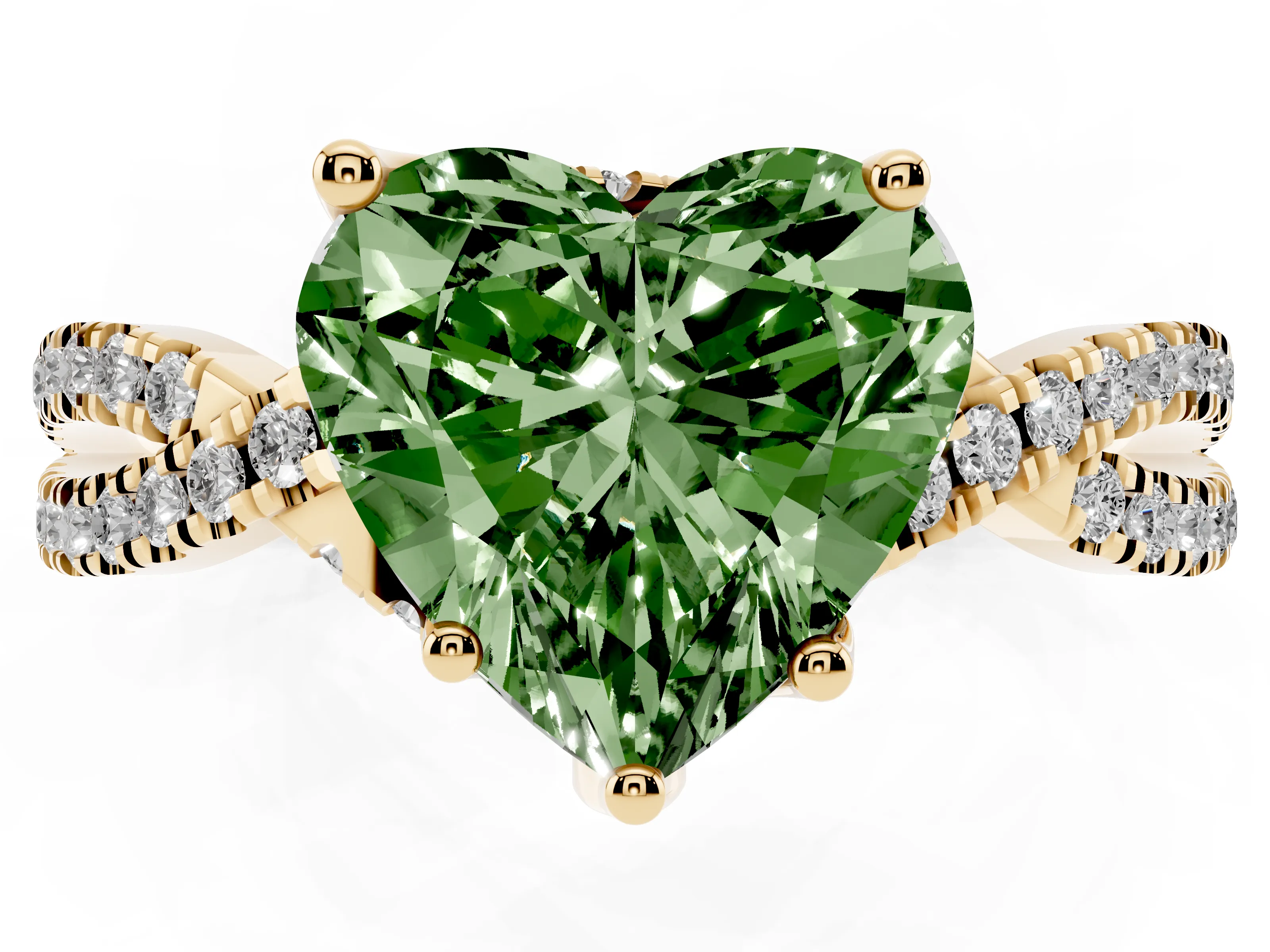 Fancy Green Heart Cut Diamond Twist Pavé Solitaire Engagement Ring Set in Yellow gold with Prong Setting