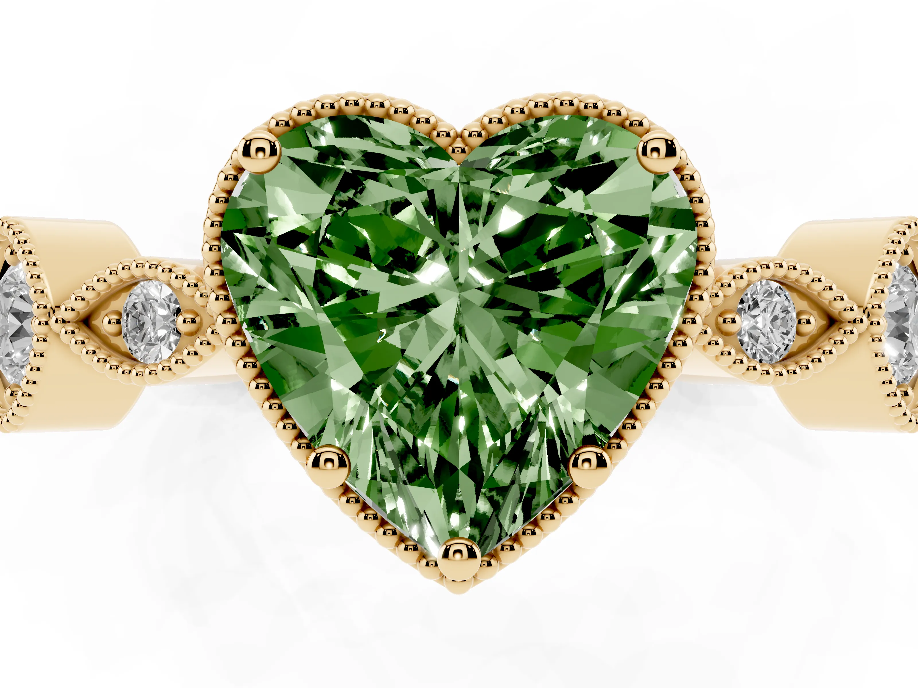 Fancy Green Heart Cut Diamond Vintage-Inspired Milgrain Ring Set in Yellow gold with Marquise Stations of Round Accents