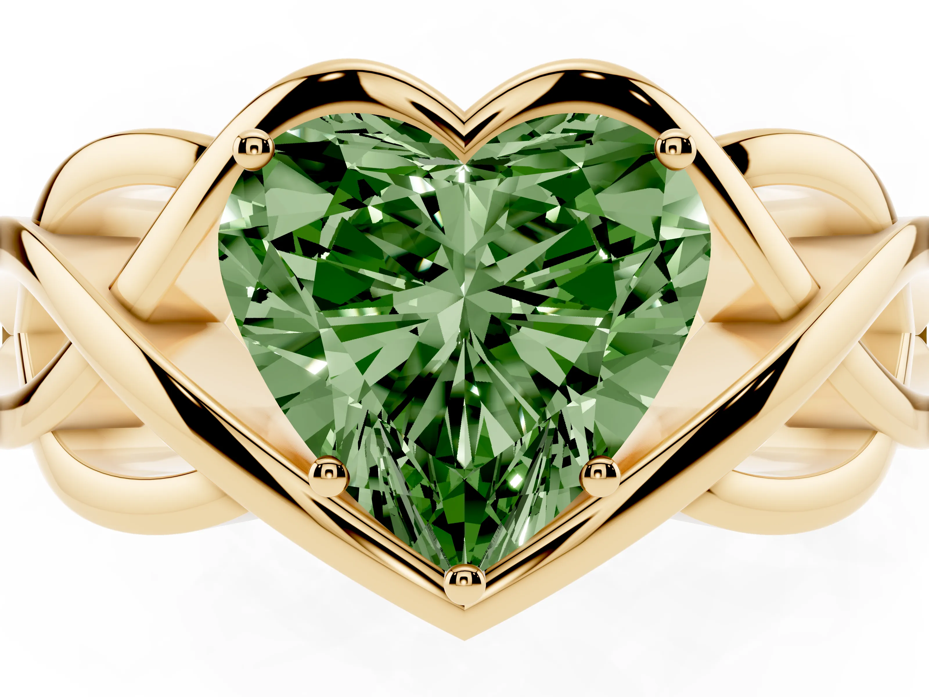 Fancy Green Heart Cut Diamond Solitaire Ring Set in Yellow gold with Intertwined Band