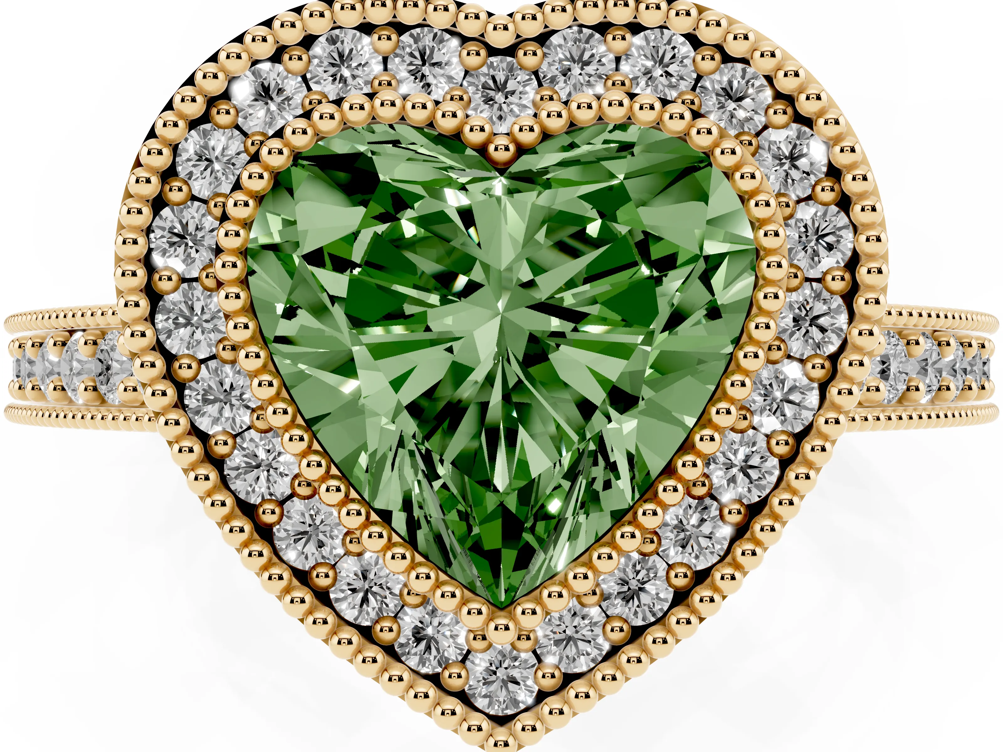 Fancy Green Heart Cut Diamond Halo Engagement Ring Set in Yellow gold with Pavé Band and Round Halo Stones