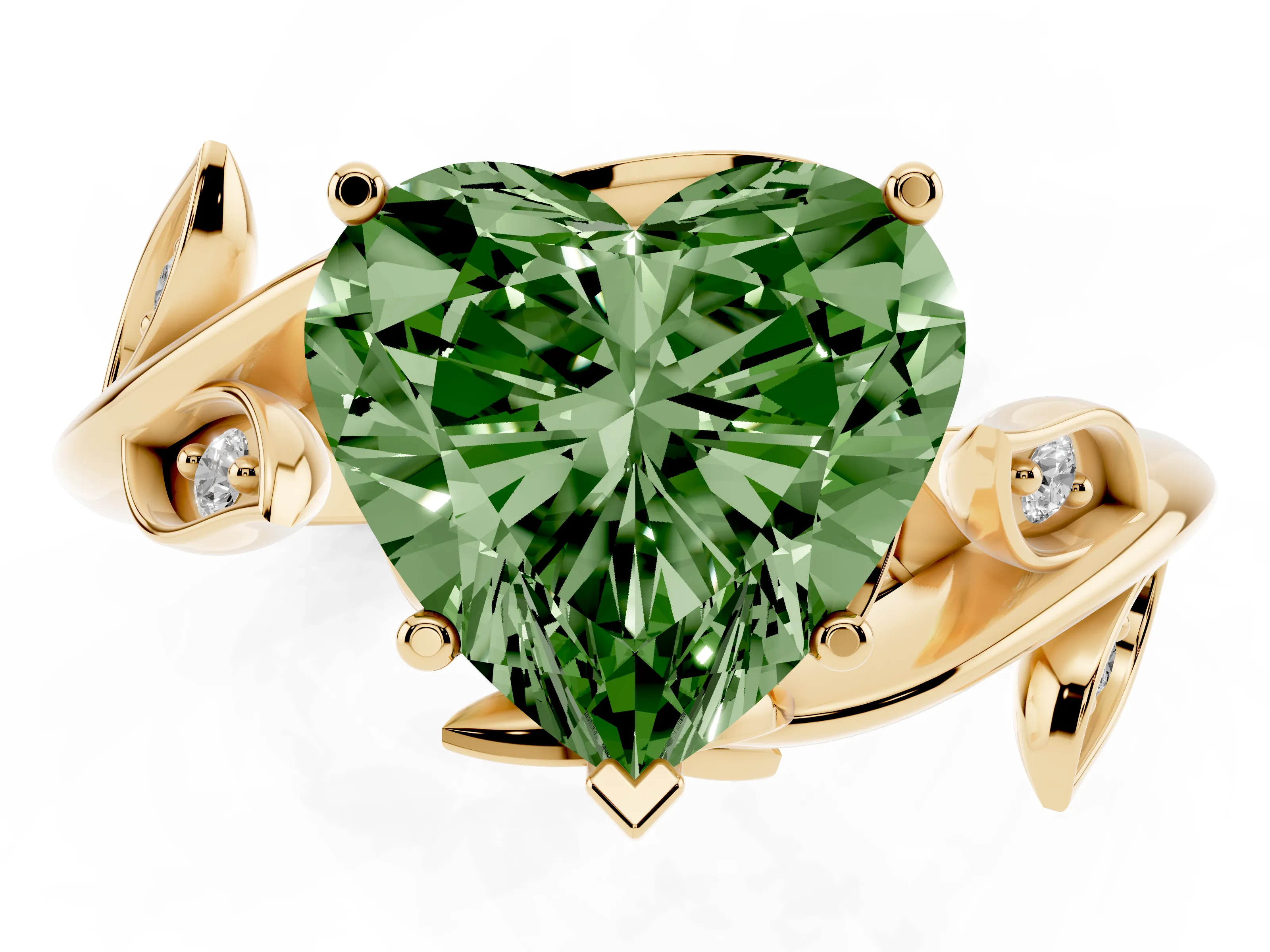 Fancy Green Heart Cut Diamond Solitaire Twist Engagement Ring Set in Yellow gold with Pavé Leaf Accents