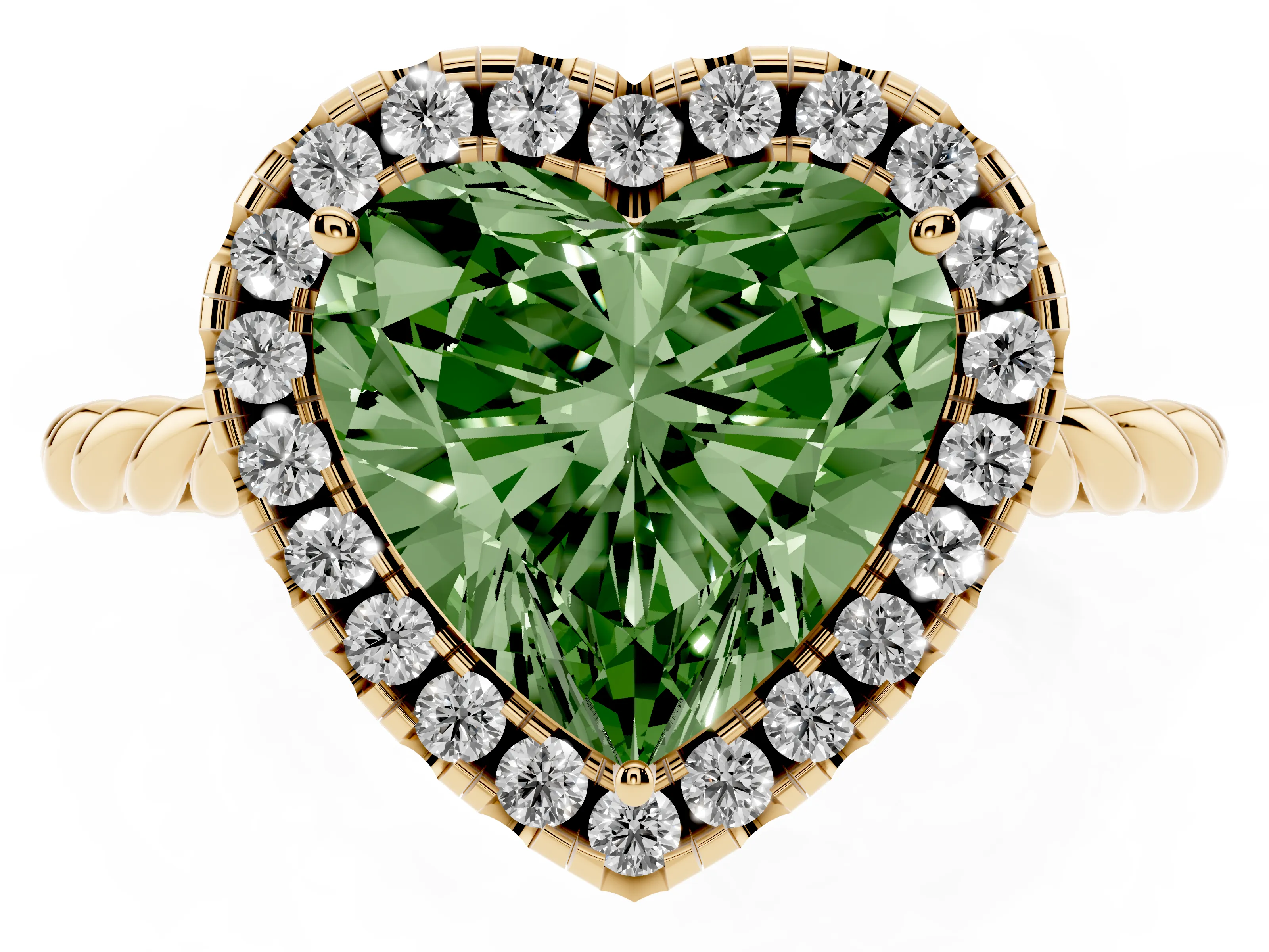 Fancy Green Heart Cut Diamond Halo Ring Set in Yellow gold with Plain Twisted Band