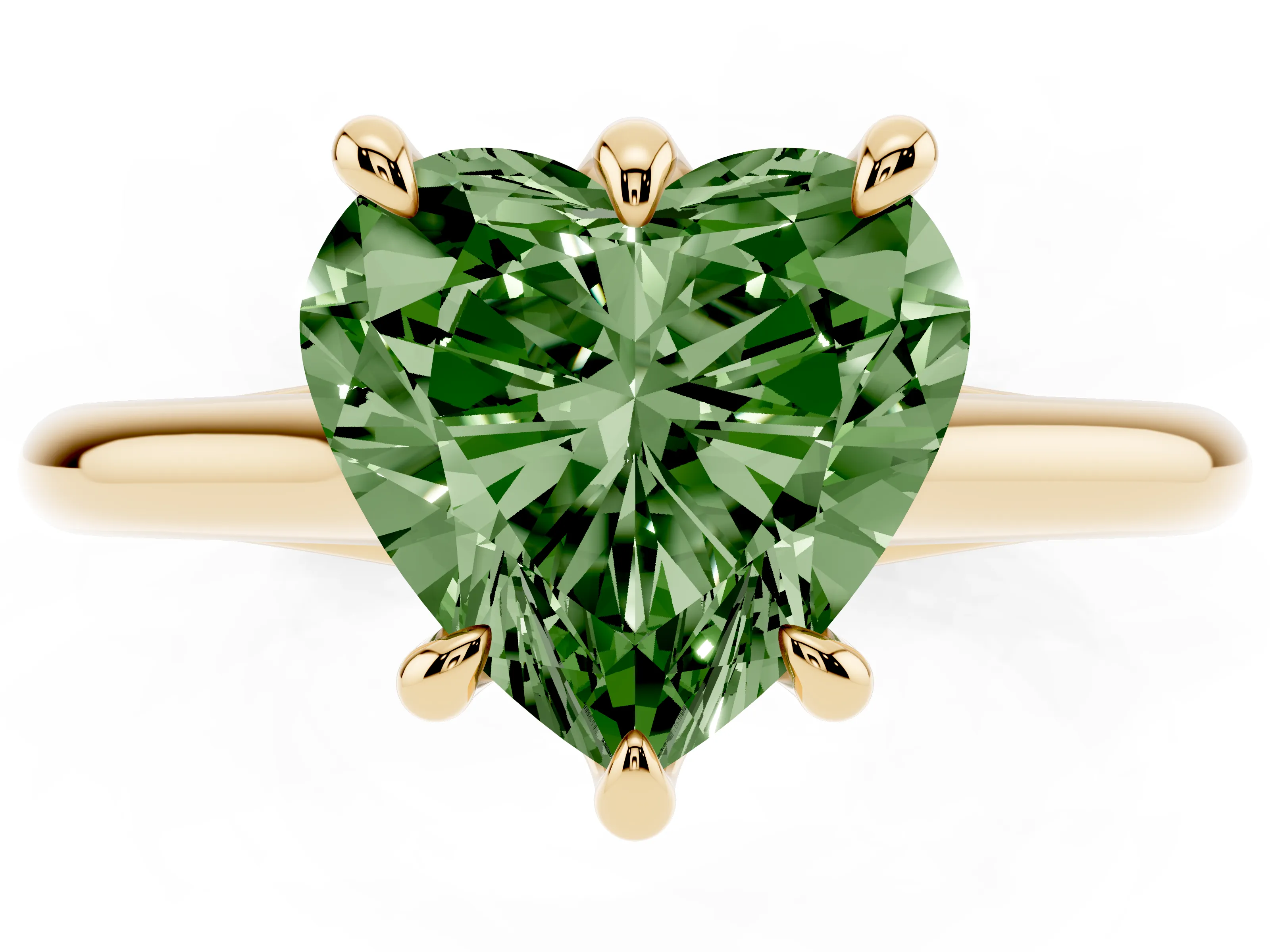 Fancy Green Heart Cut Diamond Solitaire Engagement Ring Set in Yellow gold with Prong Setting and Plain Classic Band