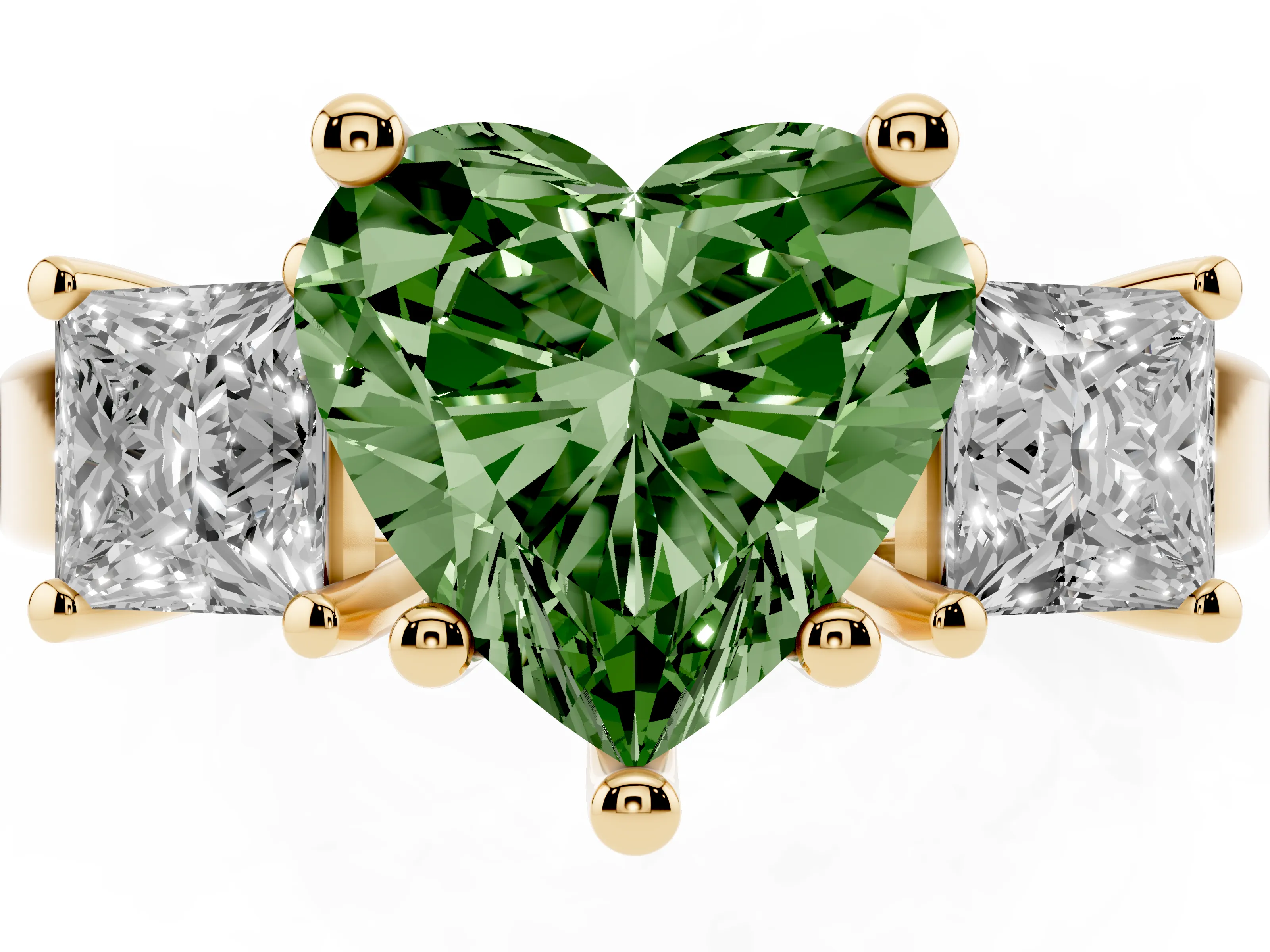 Fancy Green Three-Stone Heart Cut Diamond Solitaire Ring Set in Yellow gold with Prong Setting