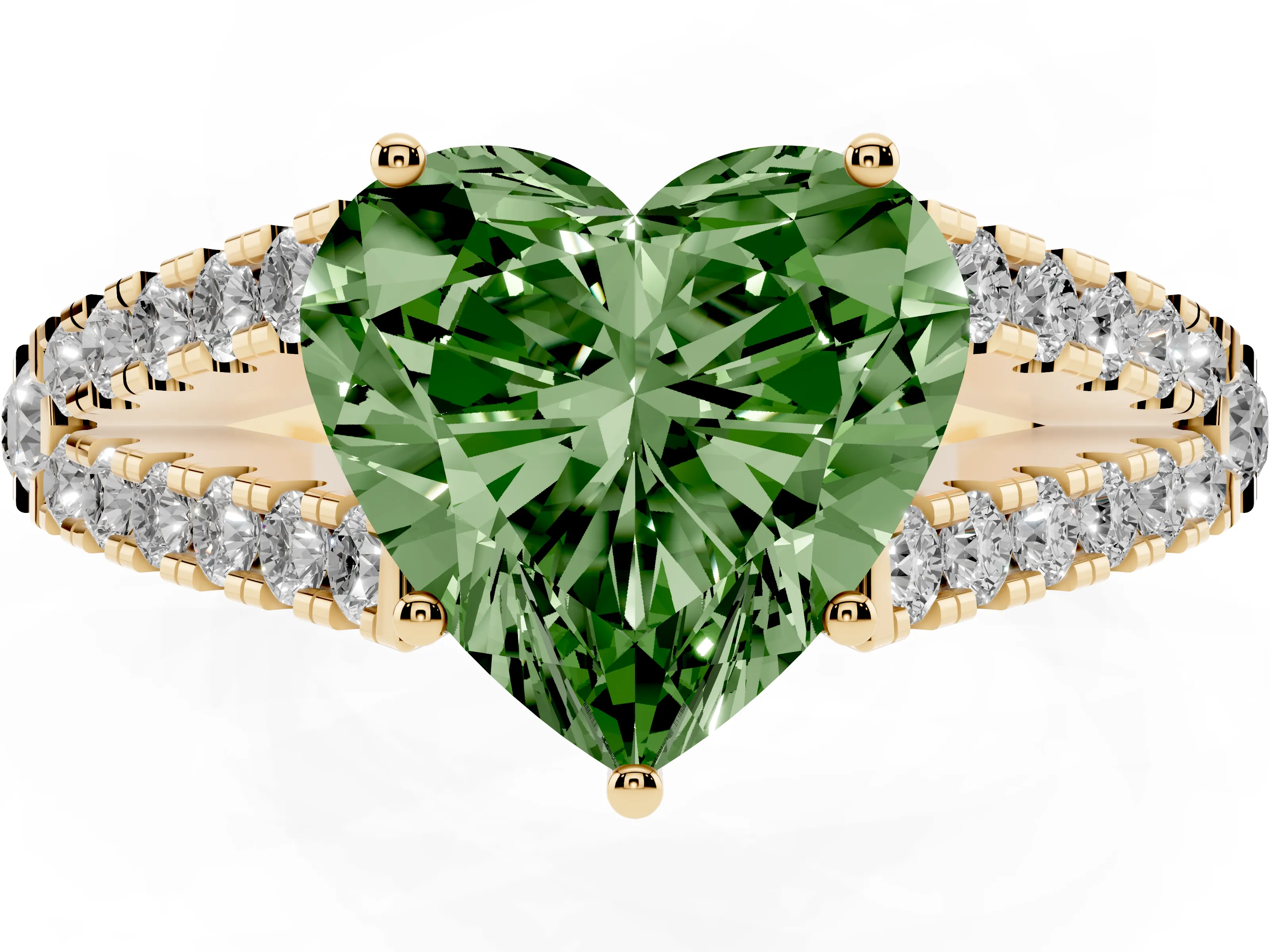 Fancy Green Heart Cut Diamond Split Shank Pavé Engagement Ring Set in Yellow gold with Prong-Held Center Stone