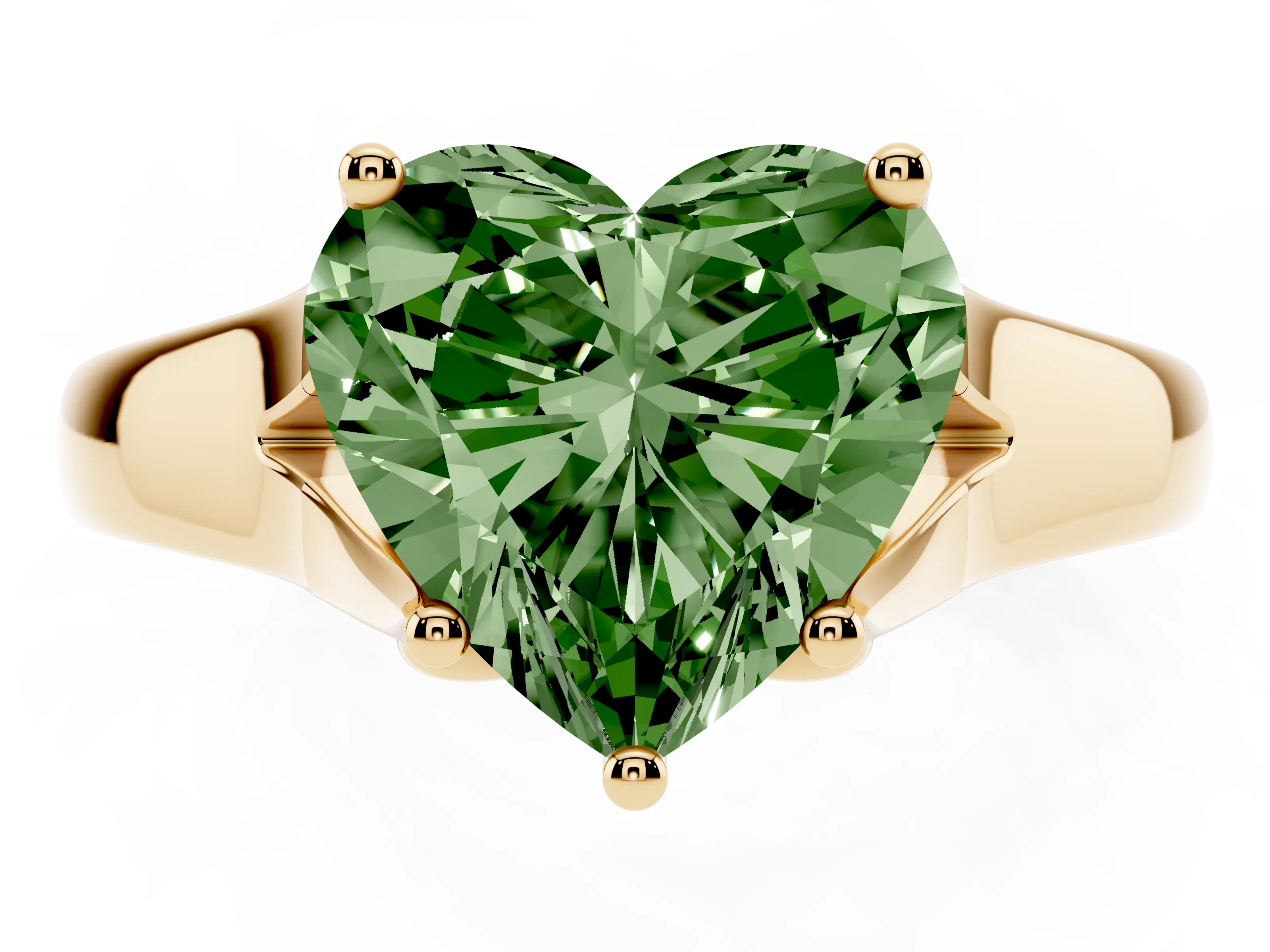 Fancy Green Heart Cut Diamond Solitaire Ring Set in Yellow gold with Arched Cathedral Band and Prong Setting