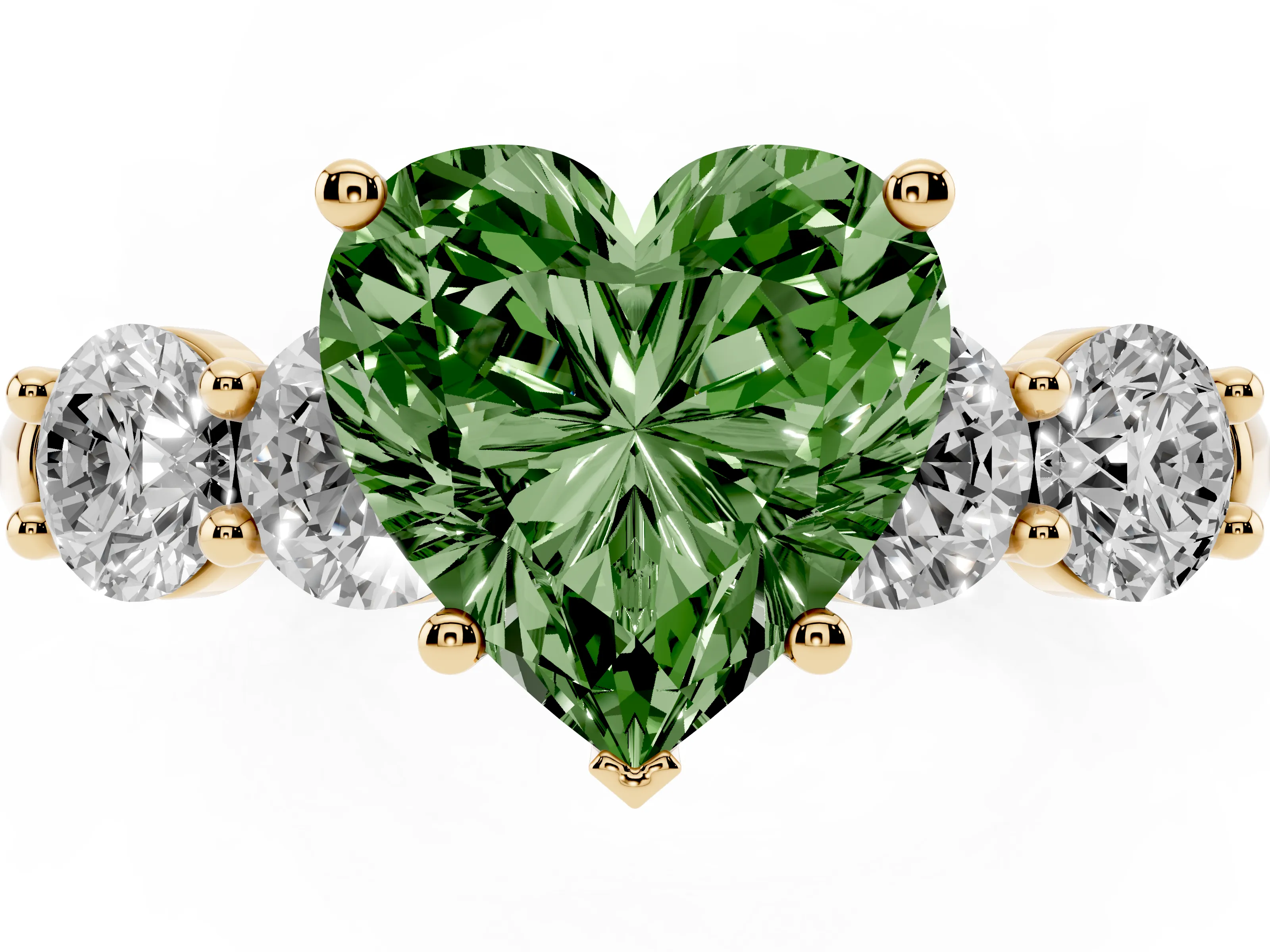 Fancy Green Heart Cut Diamond Five-Stone Prong Set Ring Set in Yellow gold with Classic Band