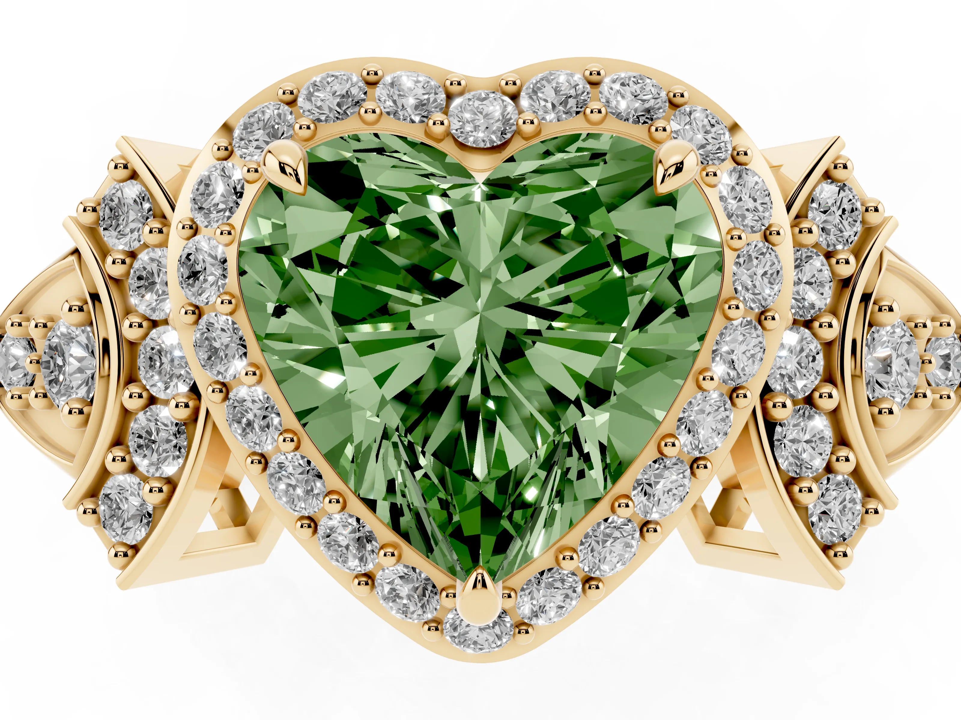 Fancy Green Heart Cut Diamond Halo Engagement Ring Set in Yellow gold with Accent Stone Split Shank
