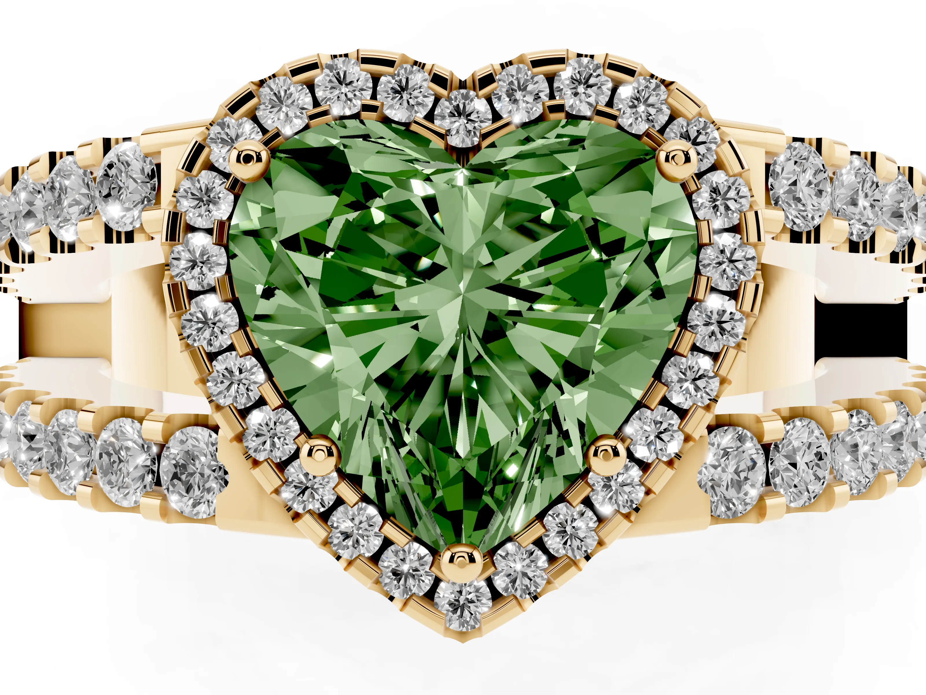Fancy Green Heart Cut Diamond Halo Ring Set in Yellow gold with Pavé Split Shank and Prong Setting