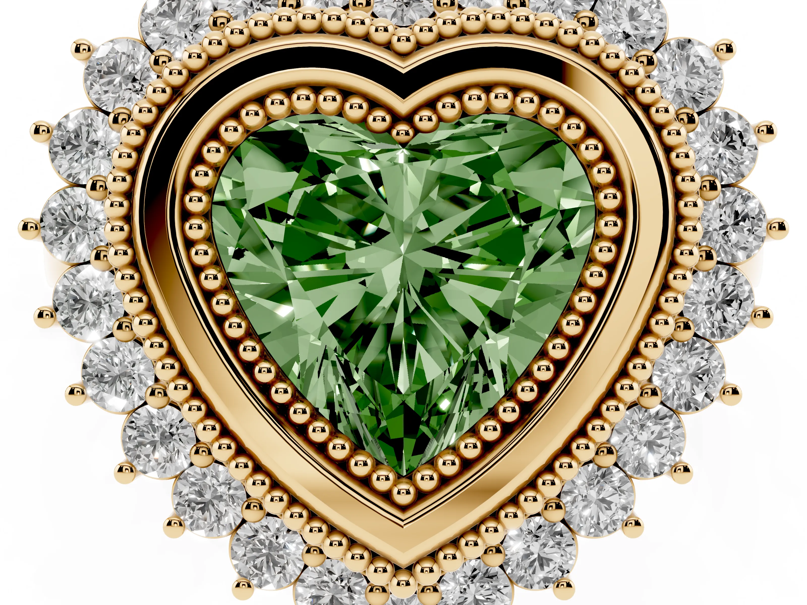 Fancy Green Heart Cut Diamond Halo Ring Set in Yellow gold with Milgrain Edge and Round Prong Setting