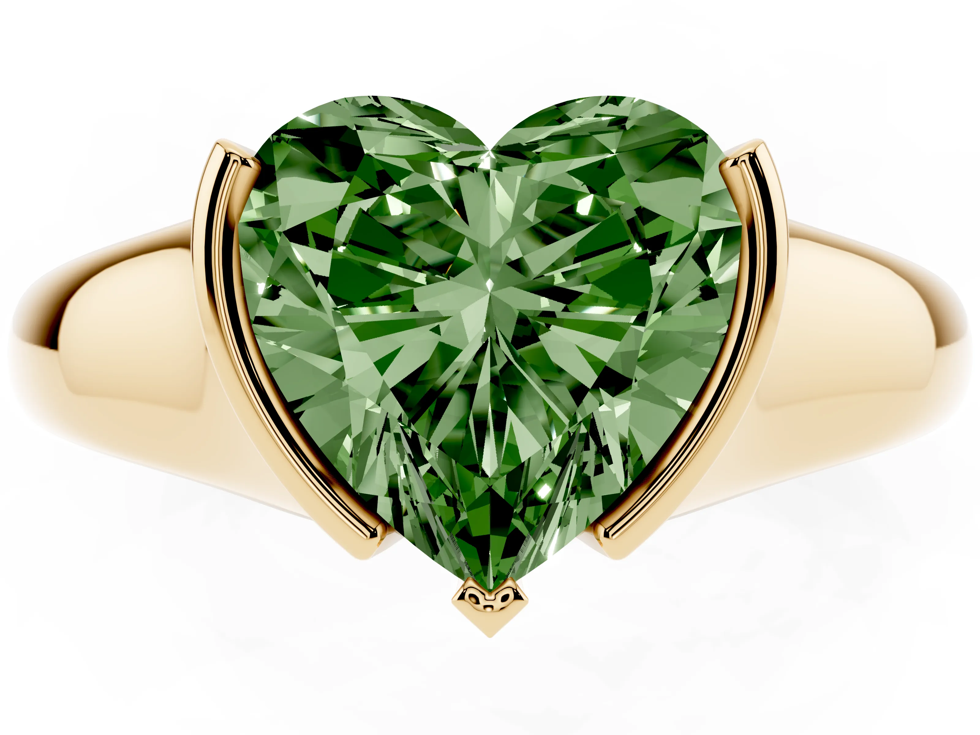Fancy Green Heart Cut Diamond Solitaire Tension Set Ring Set in Yellow gold with Split Shank Band
