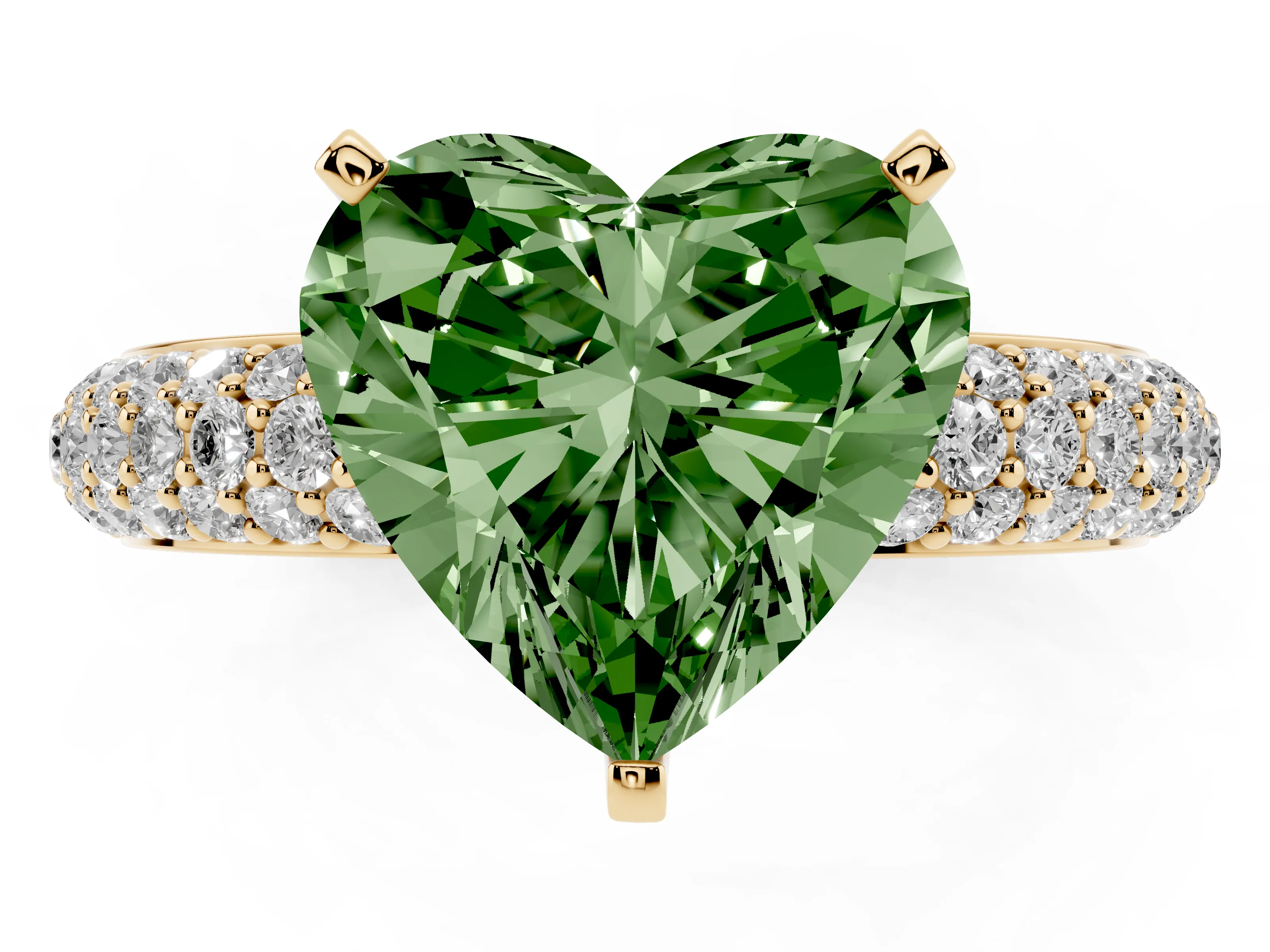 Fancy Green Heart Cut Diamond Solitaire Ring Set in Yellow gold with Prong Setting and Pavé-Set Band