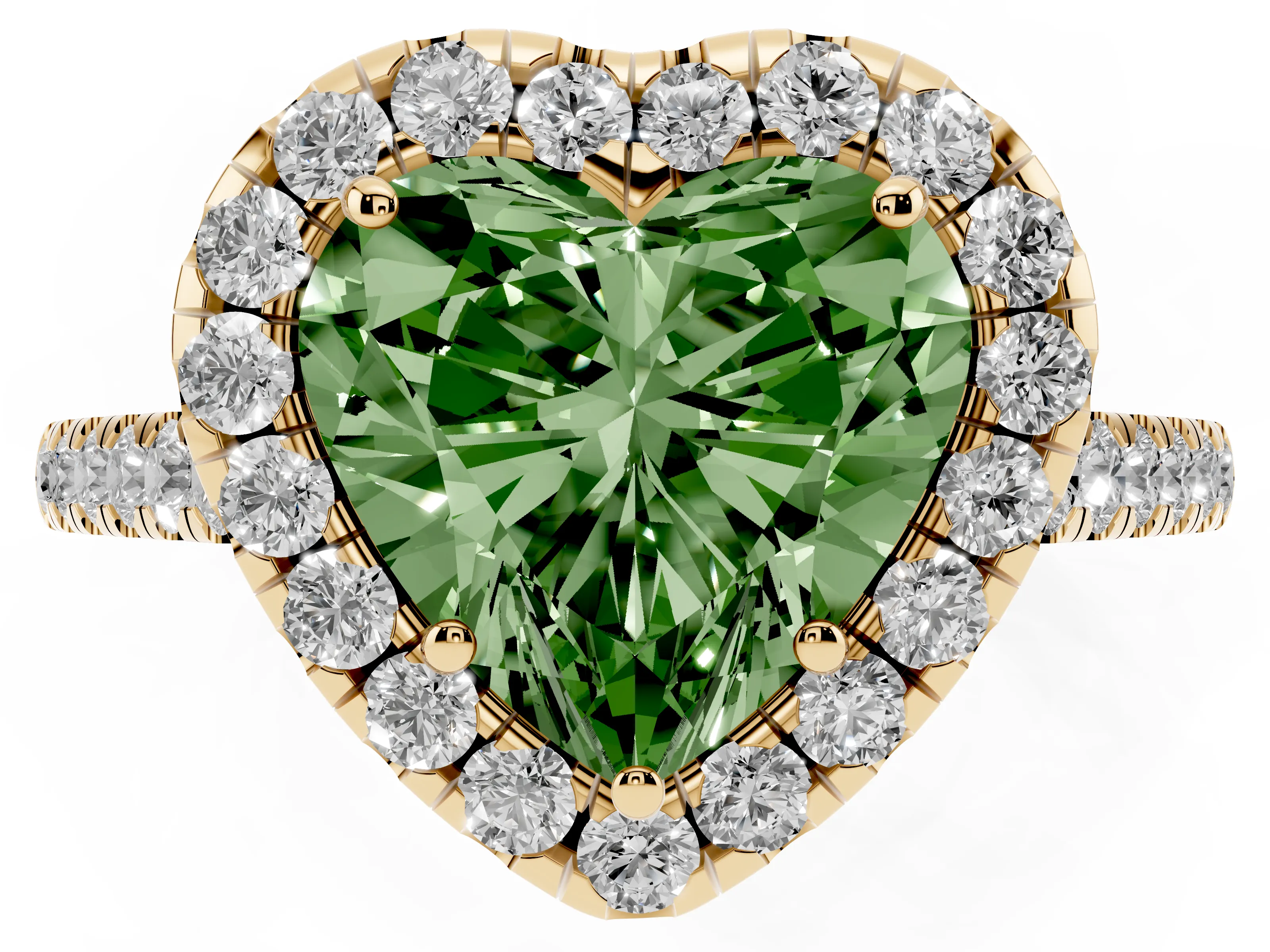 Fancy Green Heart Cut Diamond Halo Pavé Engagement Ring Set in Yellow gold with Prong Setting
